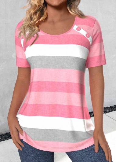 Light Pink tops,Pink tops,Striped tops,Geometric tops,ROTITA Button Striped Light Pink Round Neck T Shirt