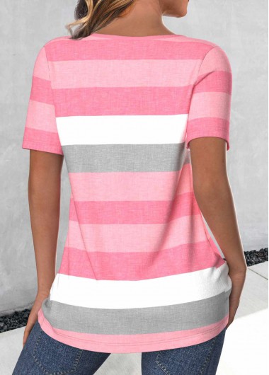 Light Pink tops,Pink tops,Striped tops,Geometric tops,ROTITA Button Striped Light Pink Round Neck T Shirt