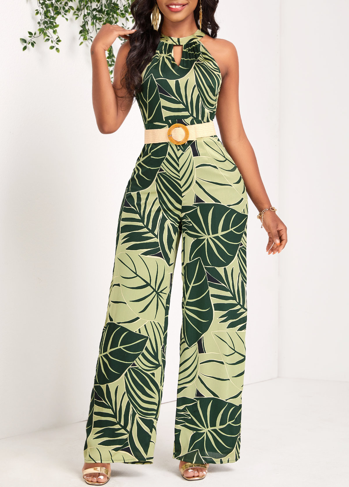 ROTITA Cut Out Leaf Print Green Long Round Neck Jumpsuit