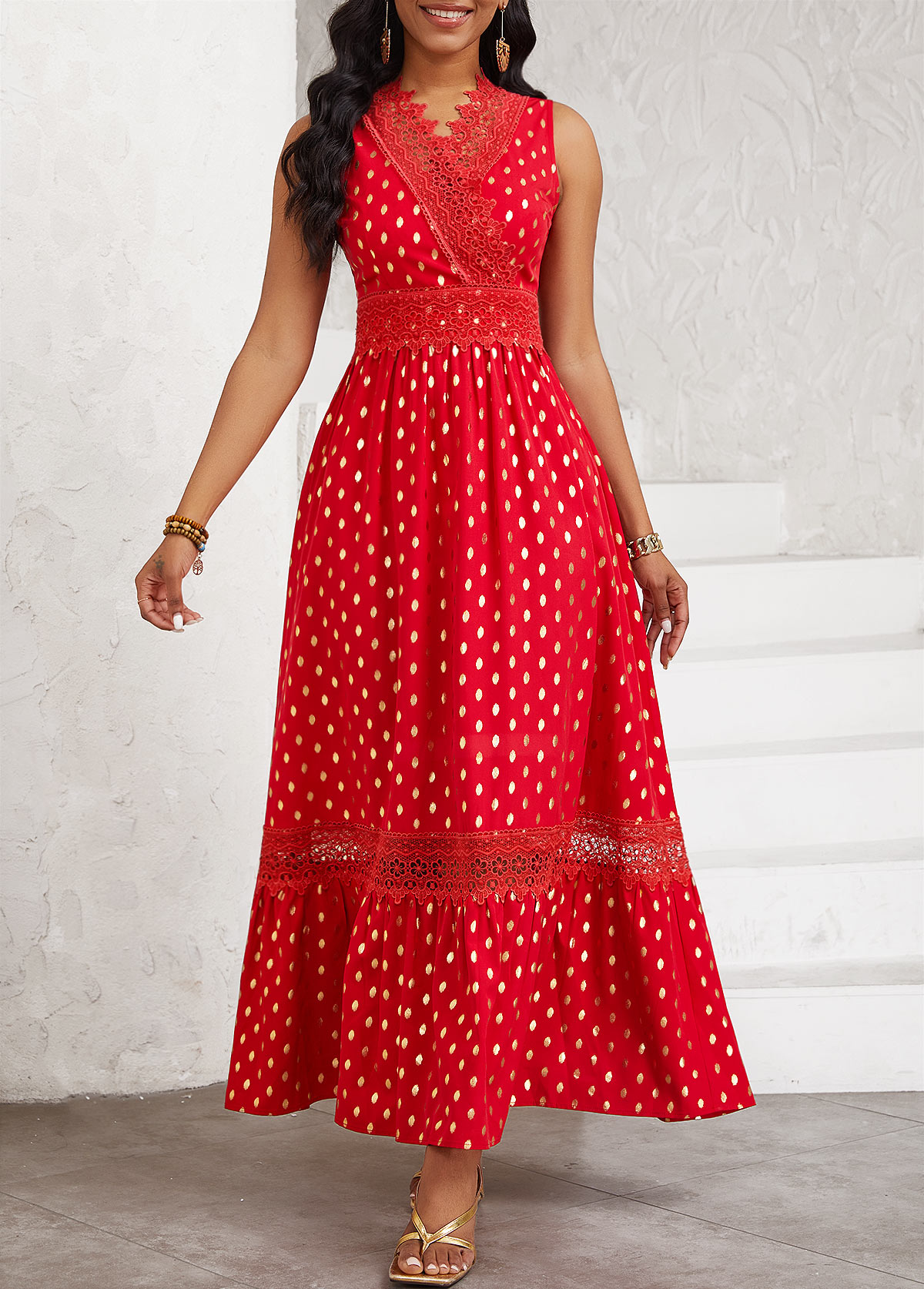 ROTITA Hot Stamping Polka Dot Red V Neck Maxi Dress