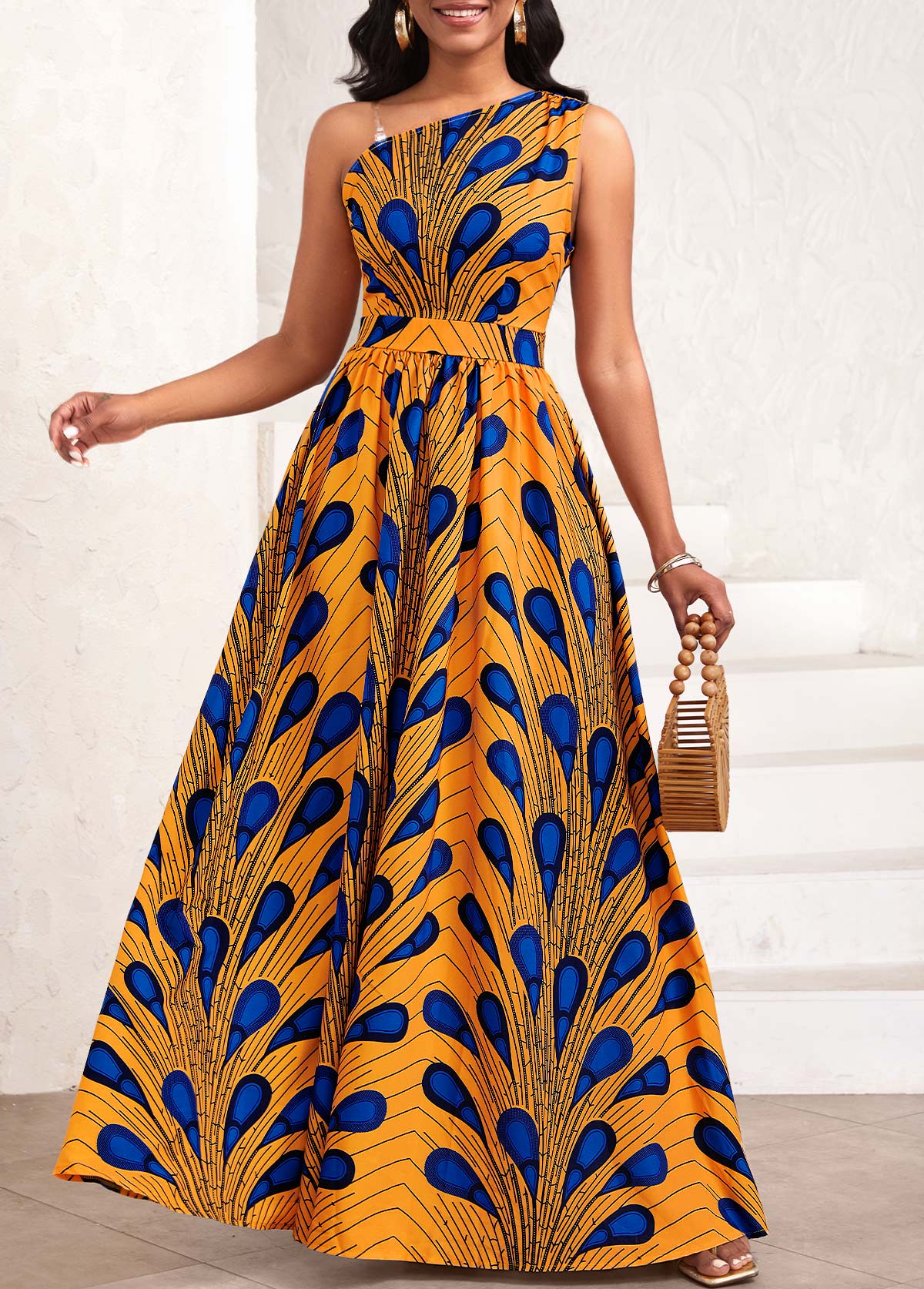 ROTITA Asymmetry Feathers Print Orange One Shoulder Sleeveless Maxi Dress