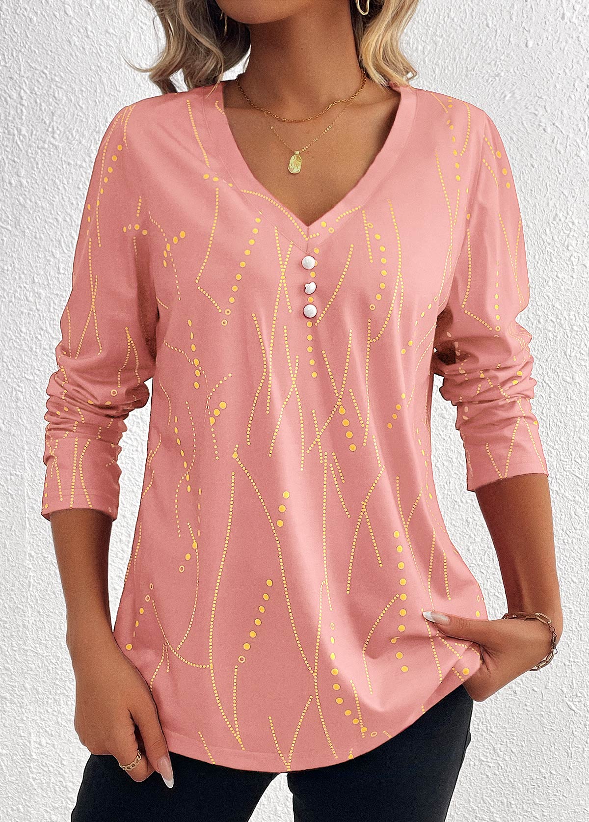 ROTITA Button Geometric Print Pink V Neck T Shirt