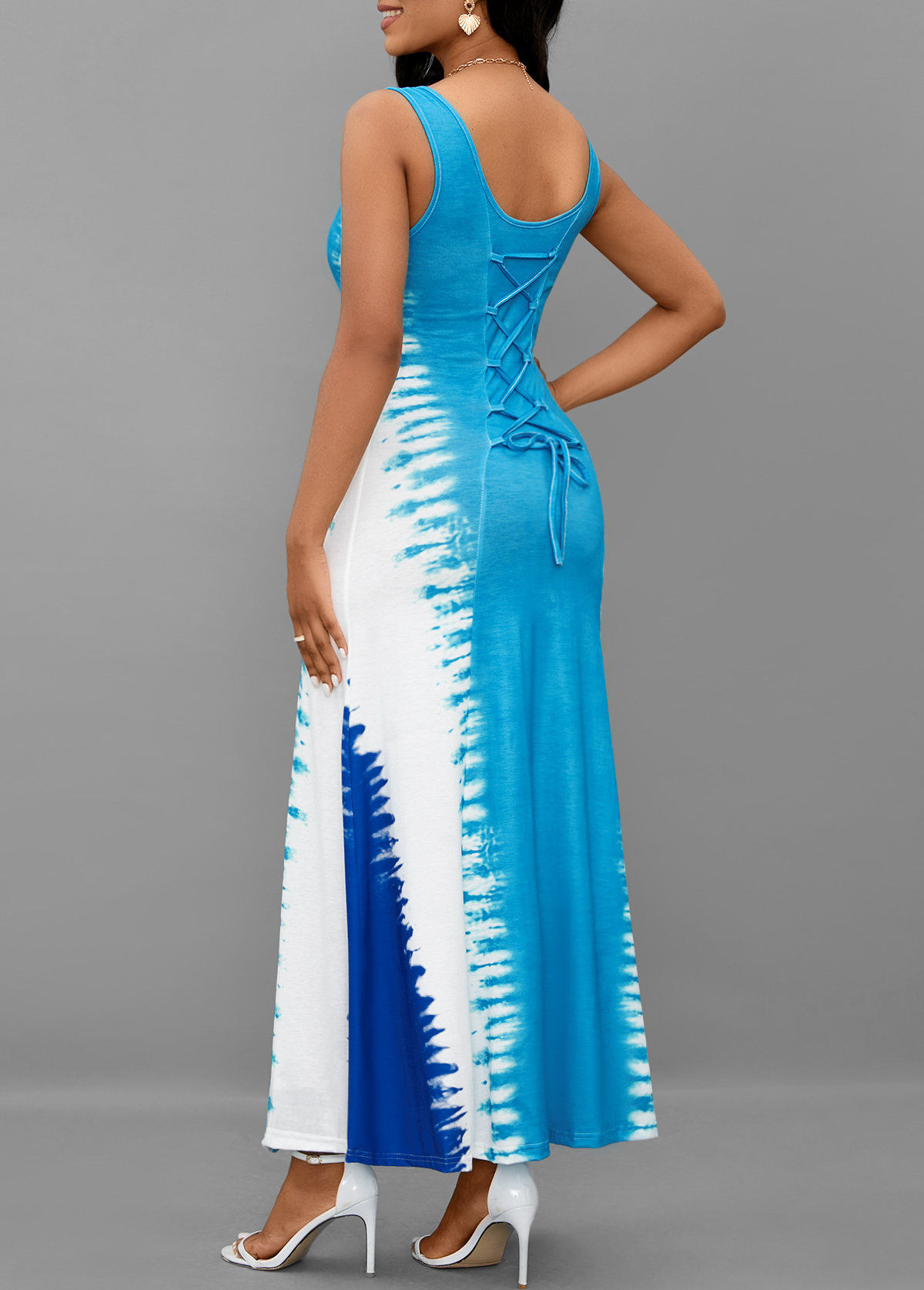 ROTITA Lace Up Tie Dye Print Light Blue Maxi Dress