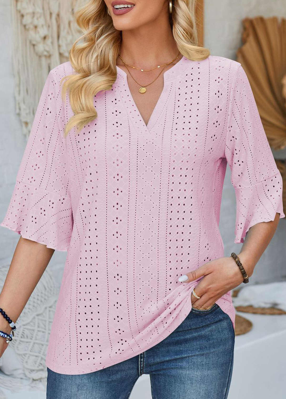 Jacquard Pink Split Neck Half Sleeve T Shirt