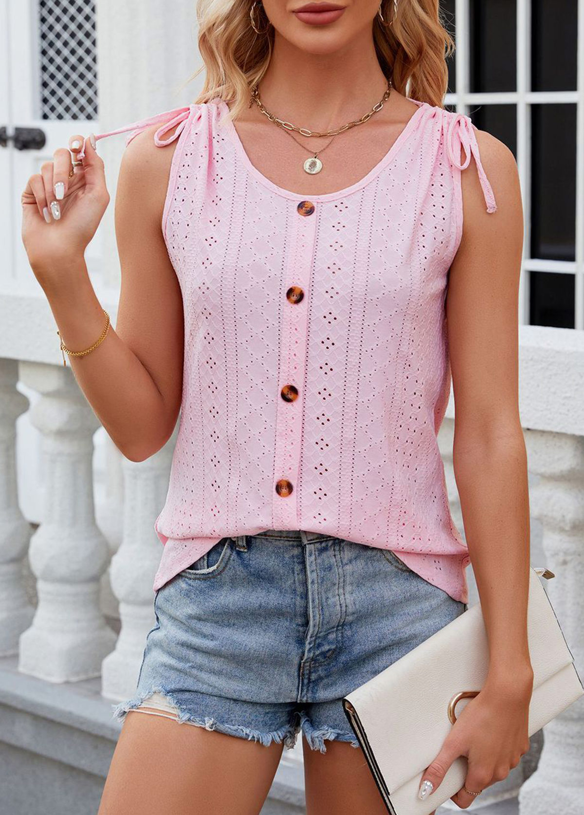 Button Pink Scoop Neck Tank Top