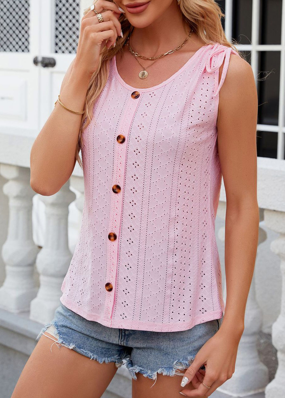 Pink tops,Plain Color tops,Button Pink Scoop Neck Tank Top