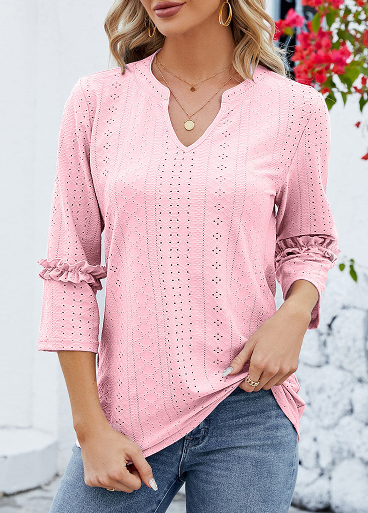 Patchwork Pink Split Neck 3/4 Sleeve T Shirt