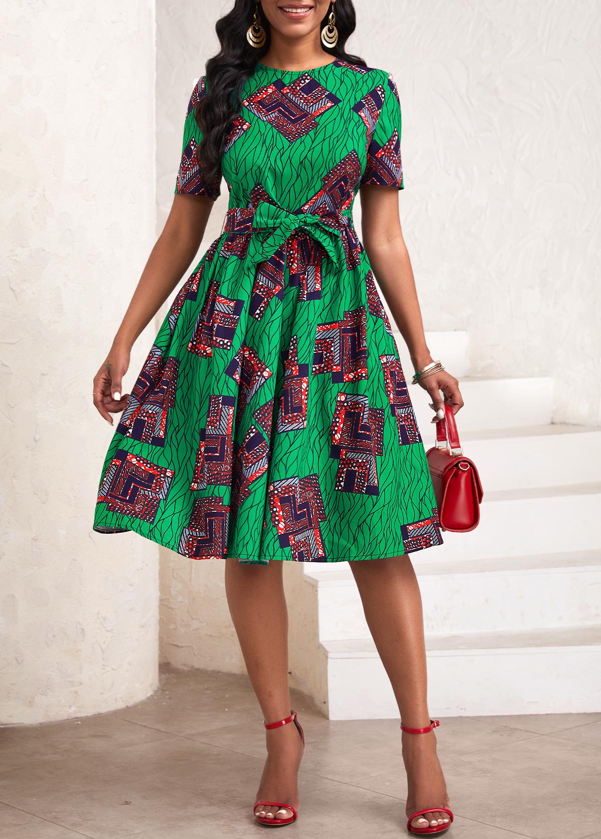 ROTITA Pocket African Tribal Print Green Belted Round Neck Dress