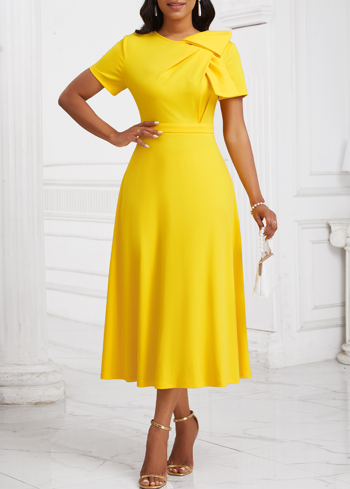 ROTITA Zipper Yellow Asymmetrical Neck Short Sleeve Dress