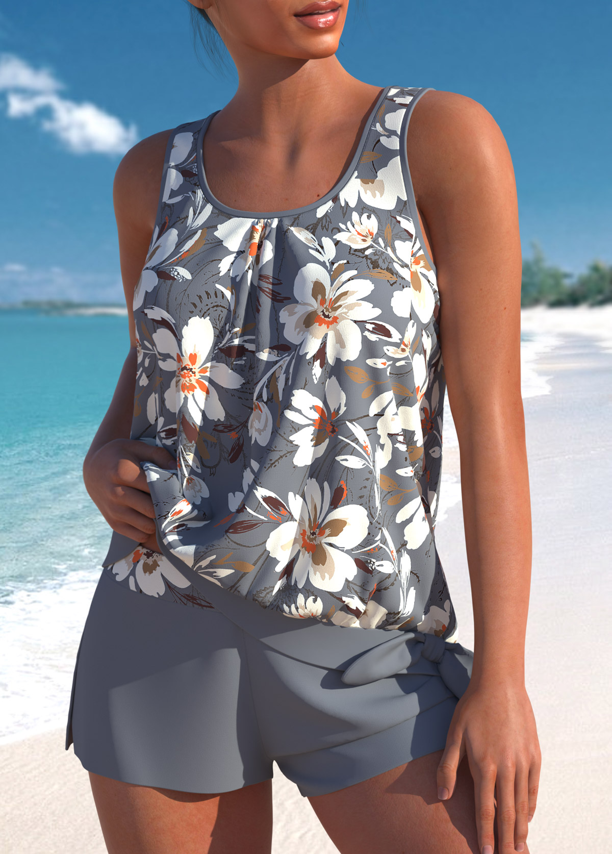 Grey swimwear,Floral swimwear,Plants swimwear,ROTITA Bowknot Grey Floral Print Tankini Set
