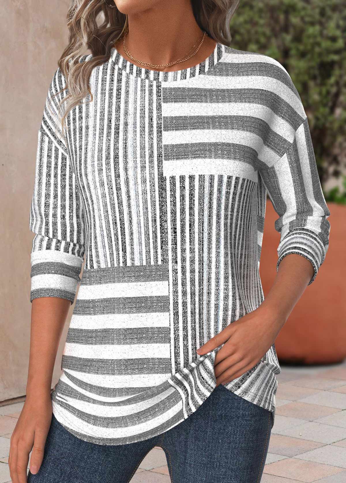 ROTITA Plus Size Light Grey Marl Striped T Shirt