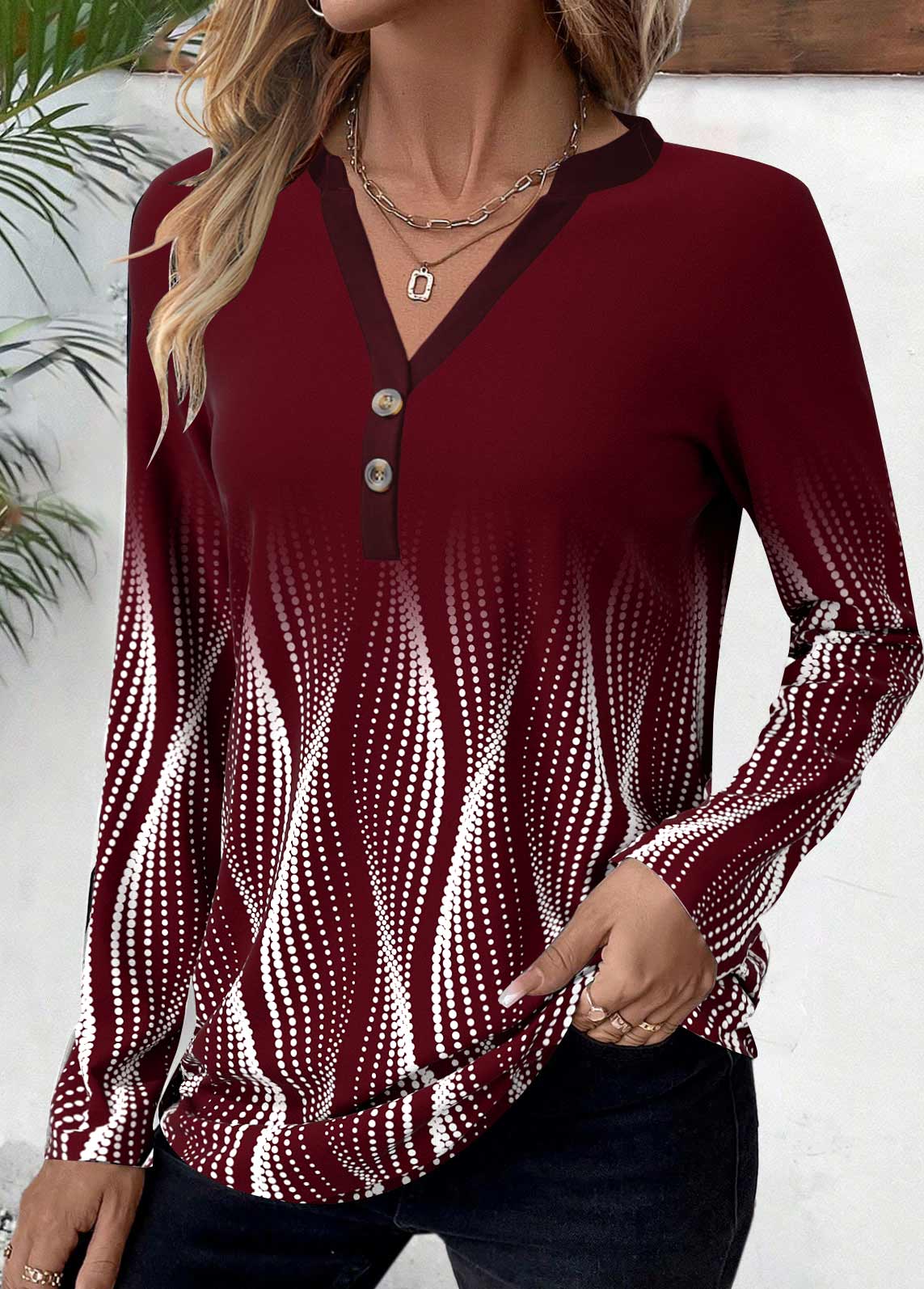 ROTITA Plus Size Button Deep Red Ombre T Shirt