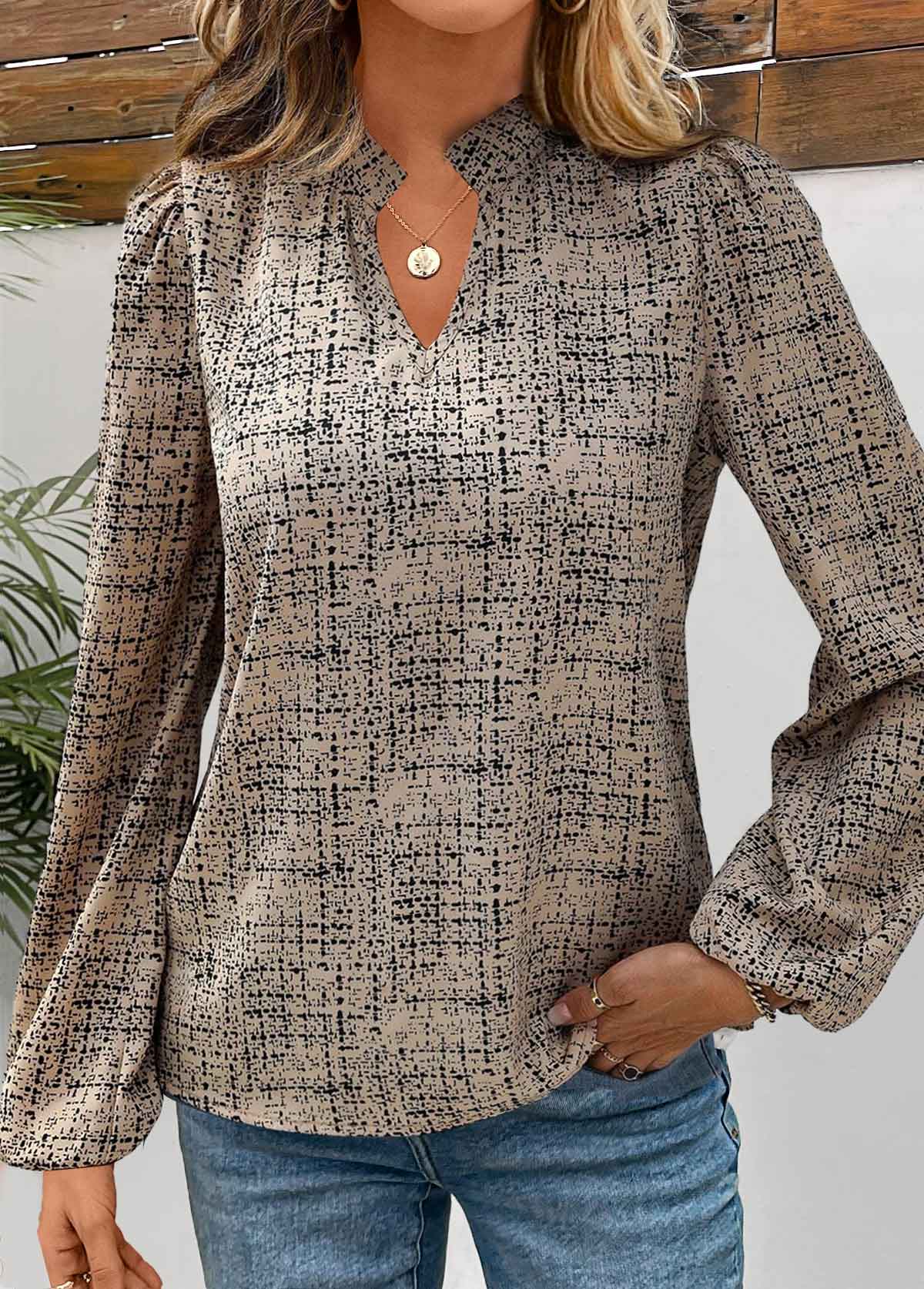 blouse à manches longues camel clair à imprimé graffiti fendu rotita