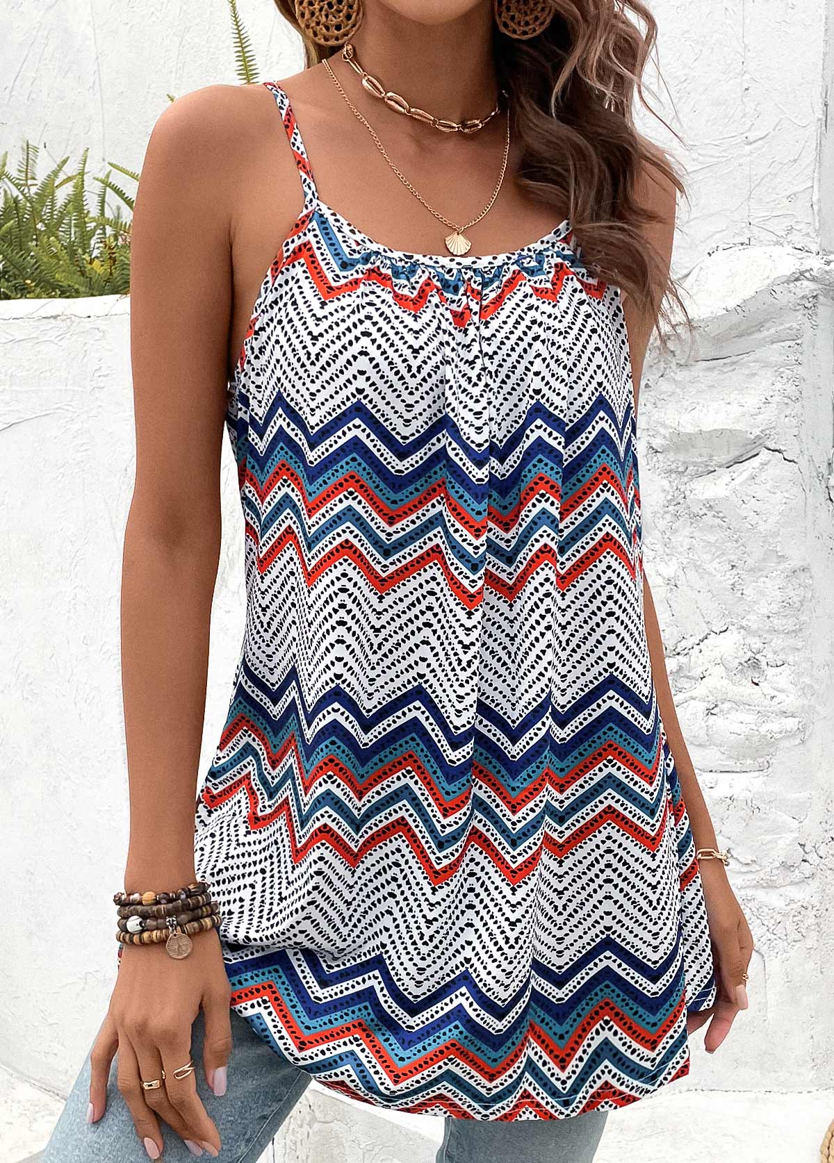 Ruched Striped Multi Color Scoop Neck Camisole Top