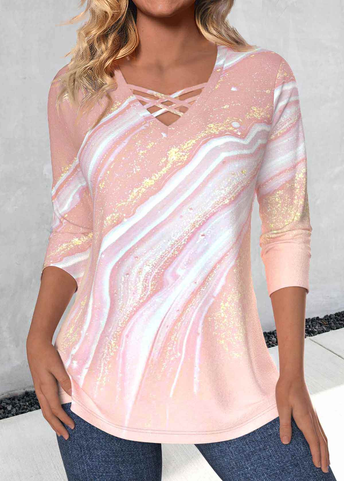 ROTITA Criss Cross Marble Print Dusty Pink T Shirt