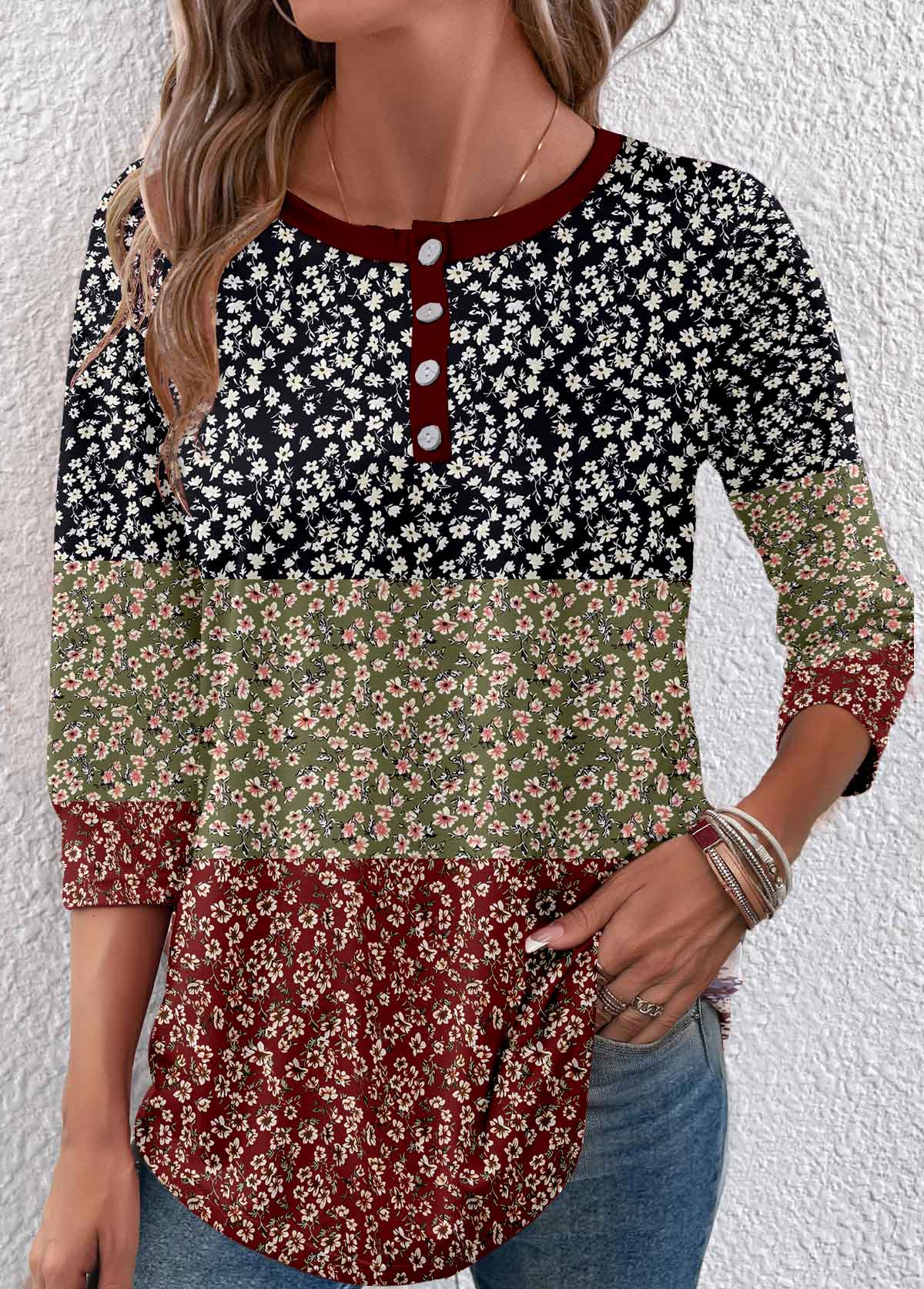 ROTITA Button Ditsy Floral Print Multi Color T Shirt