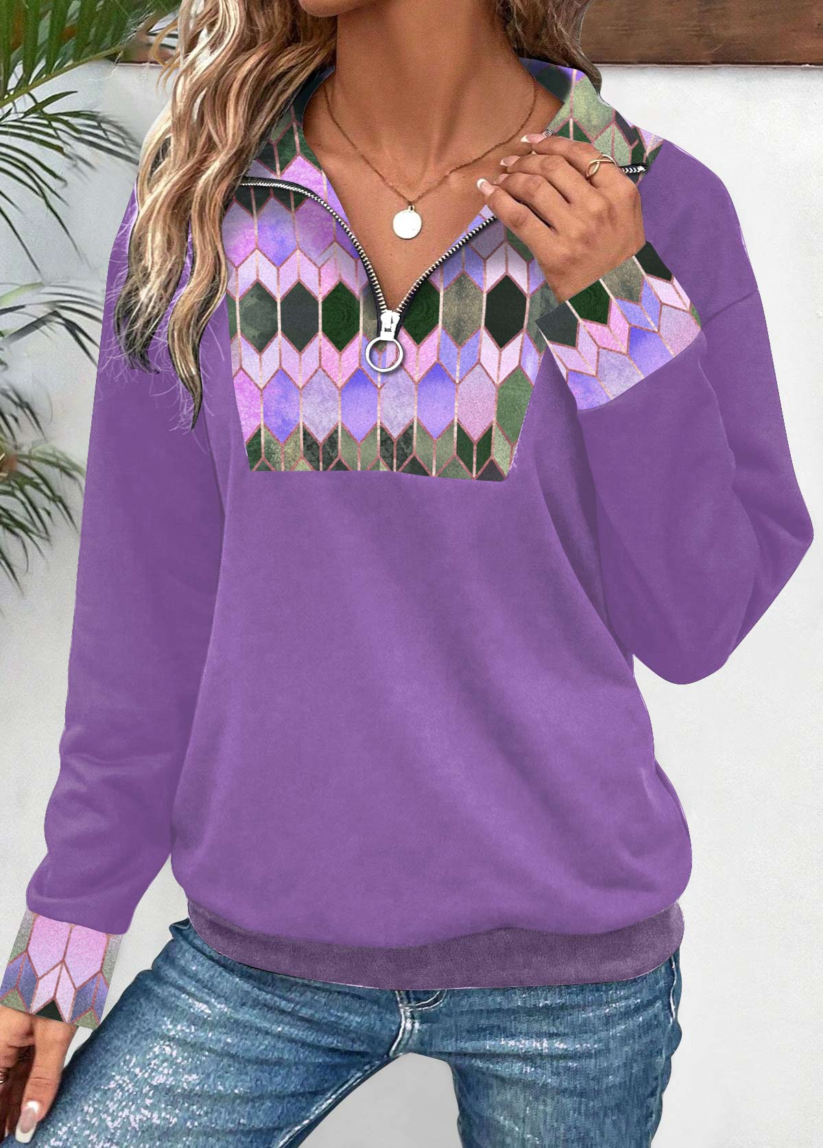 ROTITA Patchwork Geometric Print Purple Turn Down Collar Sweatshirt