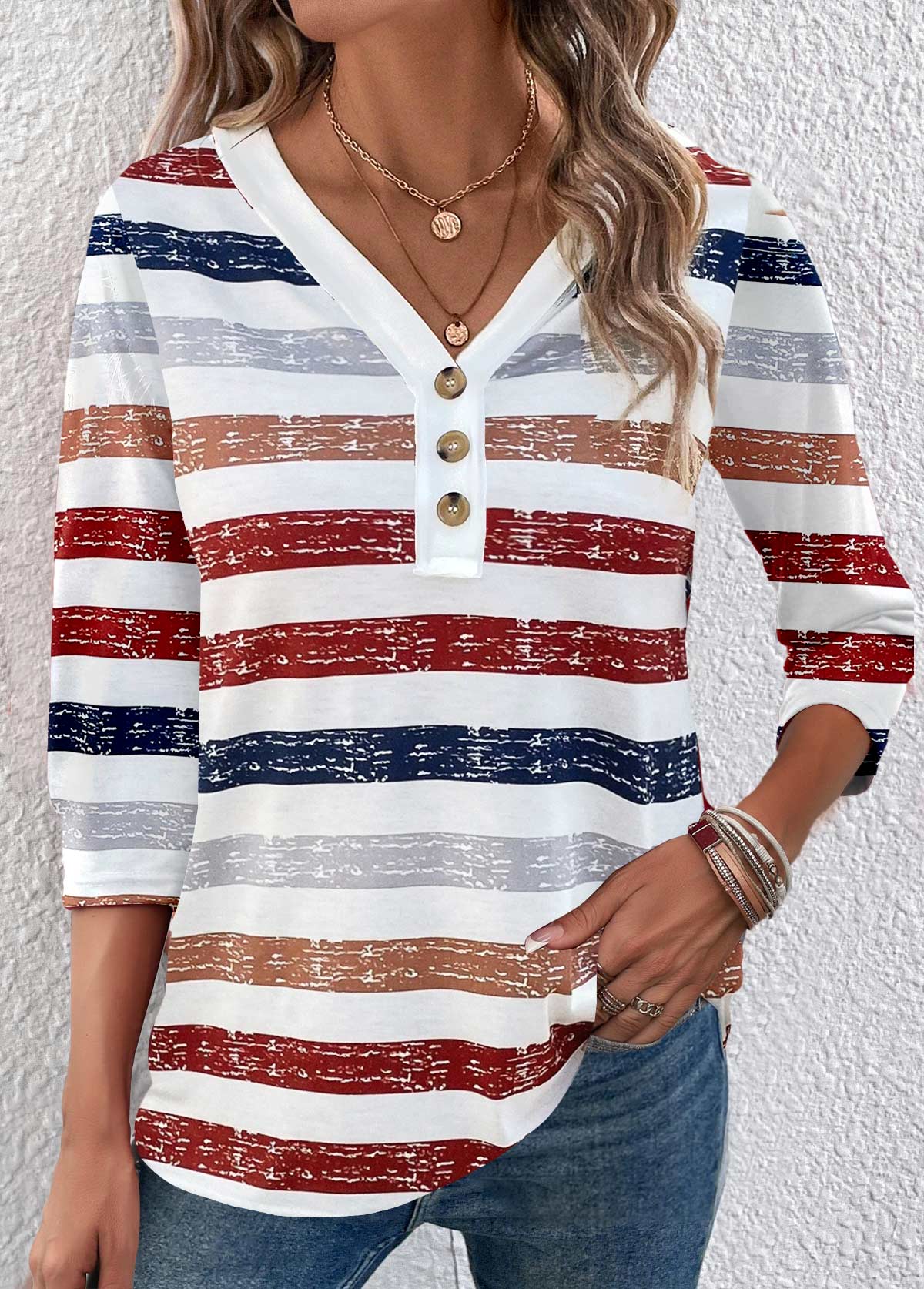 Red tops,Striped tops,Geometric tops,ROTITA Button Multi Stripe Print Red V Neck T Shirt