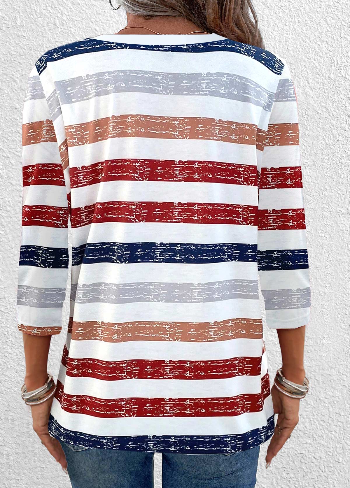 Red tops,Striped tops,Geometric tops,ROTITA Button Multi Stripe Print Red V Neck T Shirt