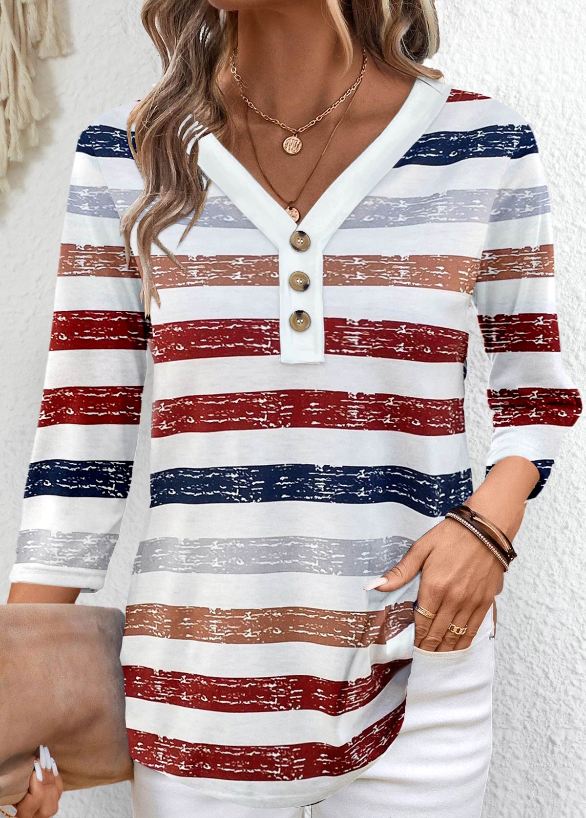 Red tops,Striped tops,Geometric tops,ROTITA Button Multi Stripe Print Red V Neck T Shirt