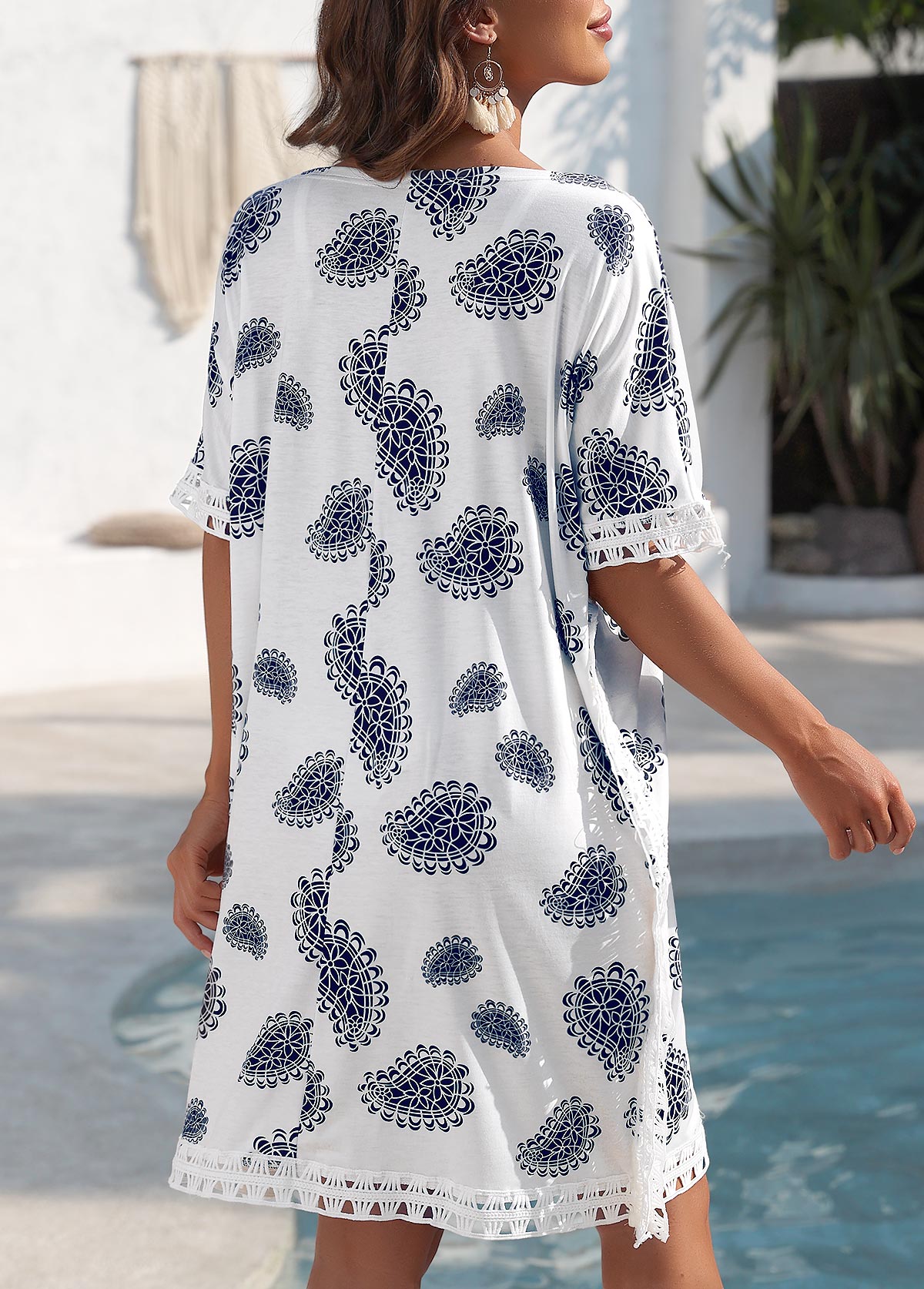 White swimwear,Geometric swimwear,Lace White Geometric Print Cover Up