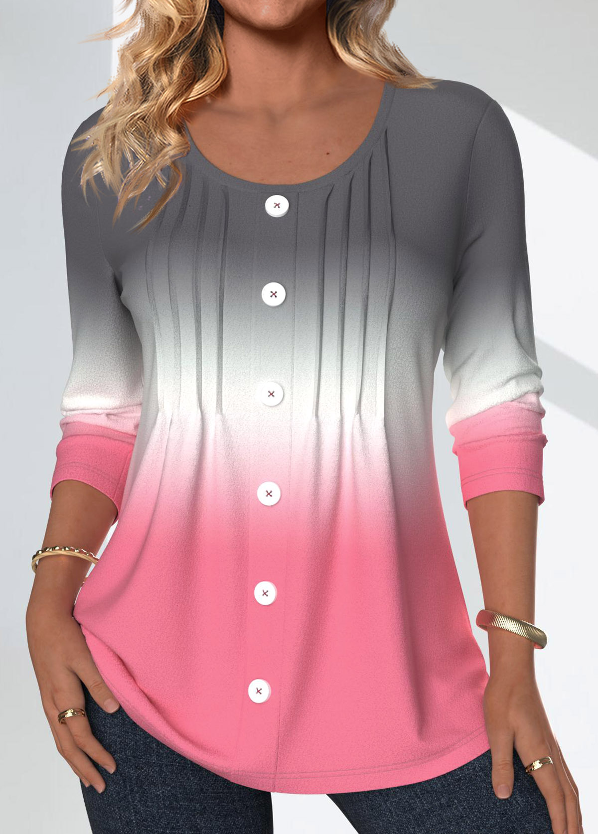 Pink tops,Grey tops,Ombre tops,ROTITA Tuck Stitch Ombre Pink Round Neck Long Sleeve Blouse