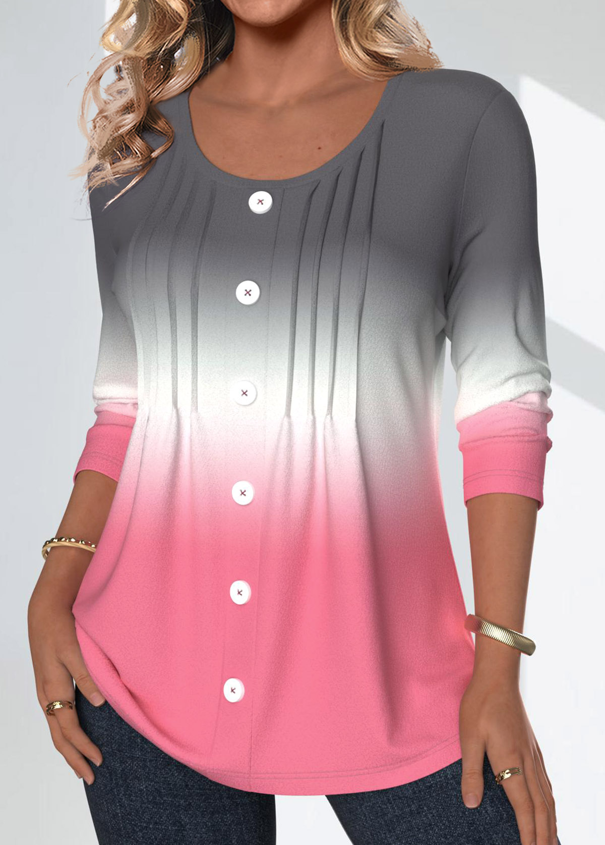 Pink tops,Grey tops,Ombre tops,ROTITA Tuck Stitch Ombre Pink Round Neck Long Sleeve Blouse