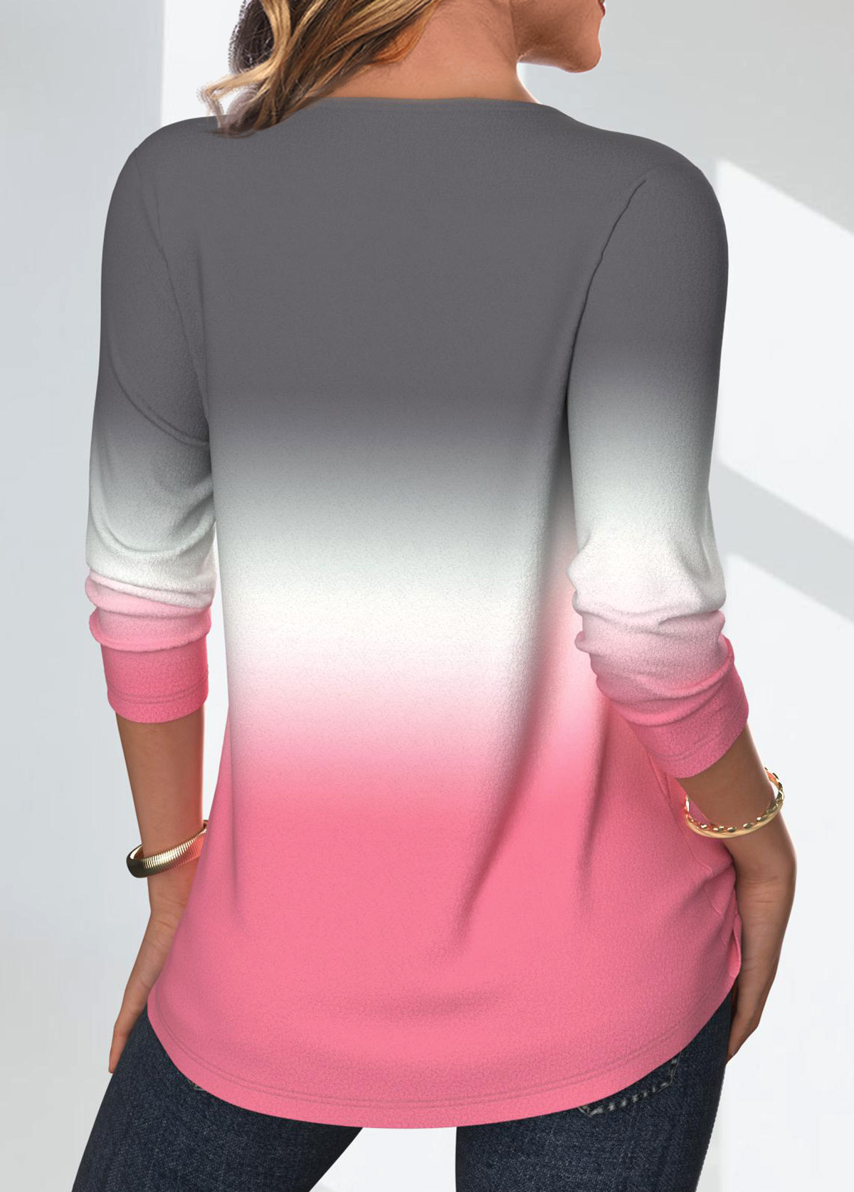 Pink tops,Grey tops,Ombre tops,ROTITA Tuck Stitch Ombre Pink Round Neck Long Sleeve Blouse