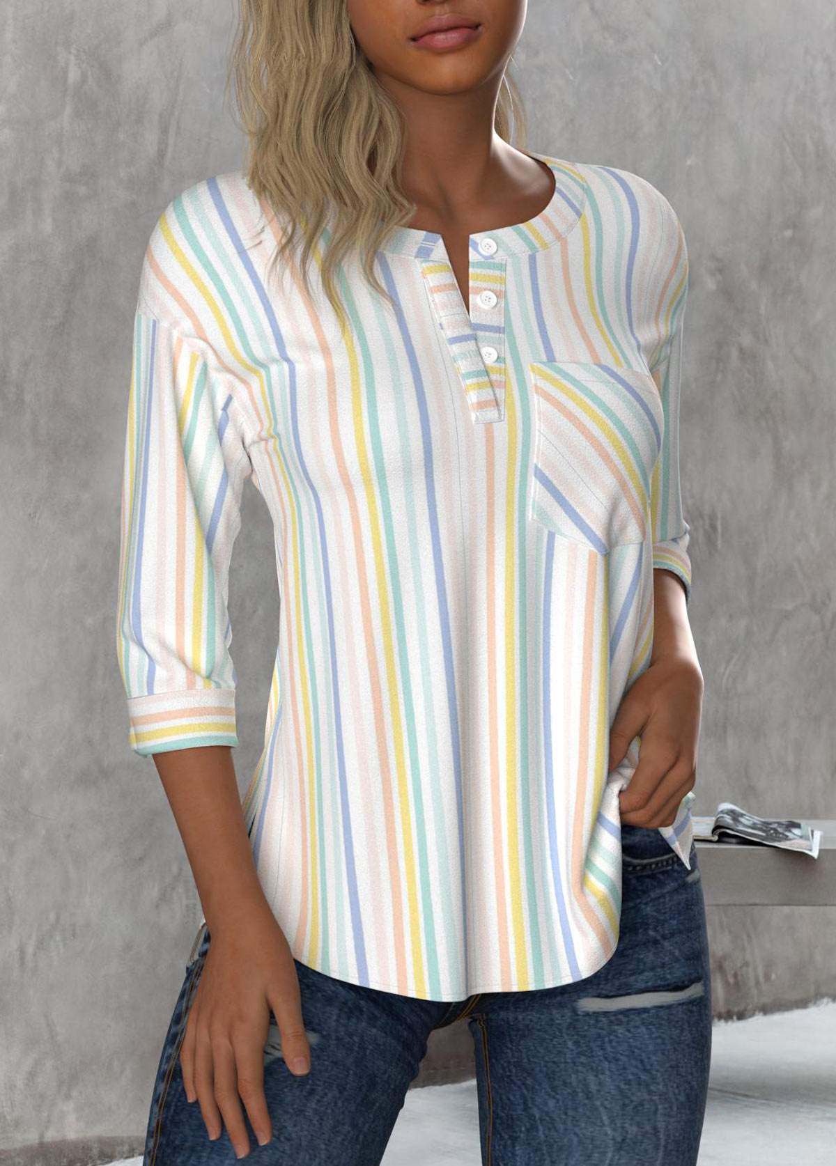 Multi Color tops,Striped tops,Geometric tops,ROTITA Button Striped Multi Color Round Neck 3/4 Sleeve Blouse