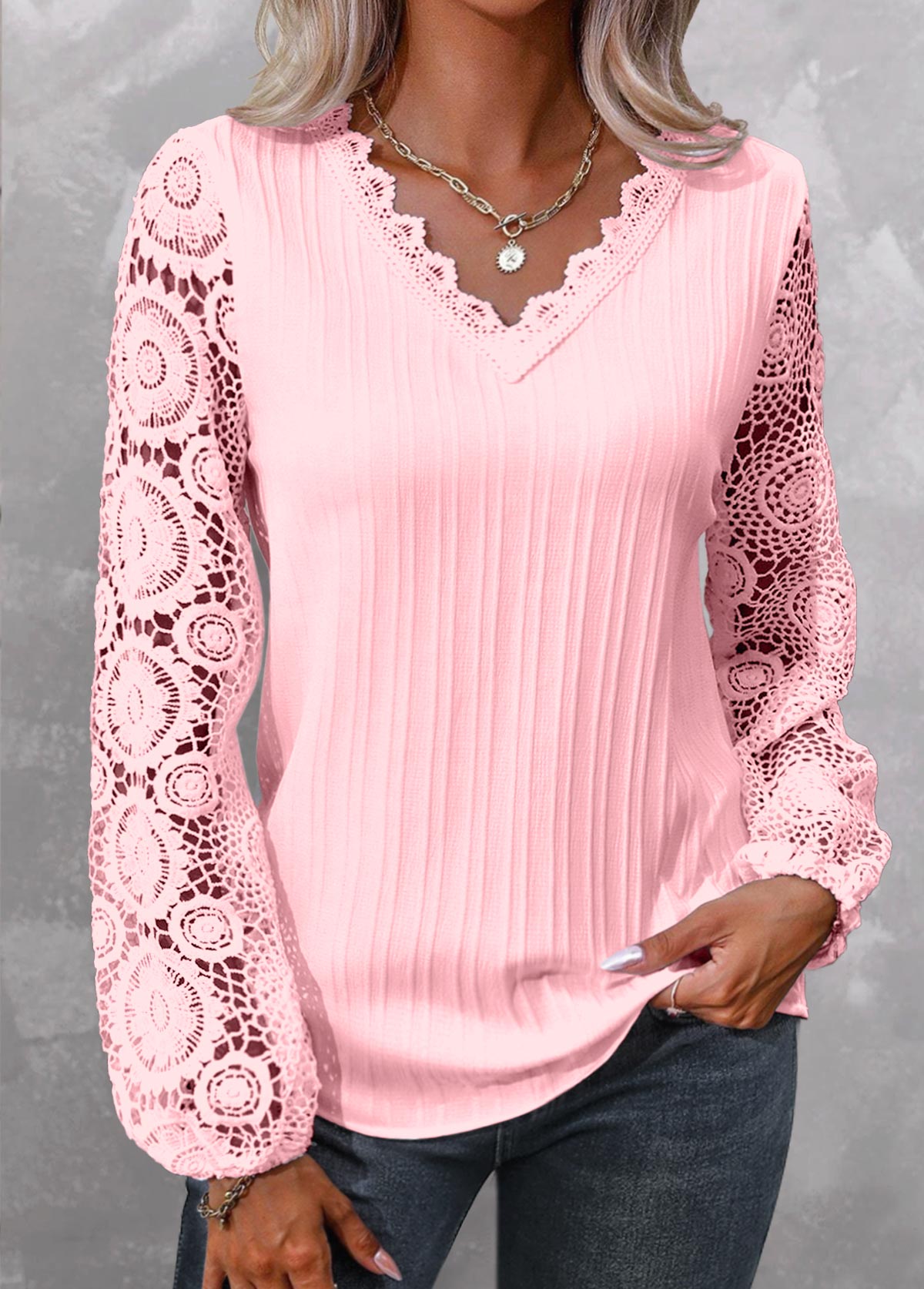 ROTITA Embroidery Light Pink V Neck Long Sleeve Blouse