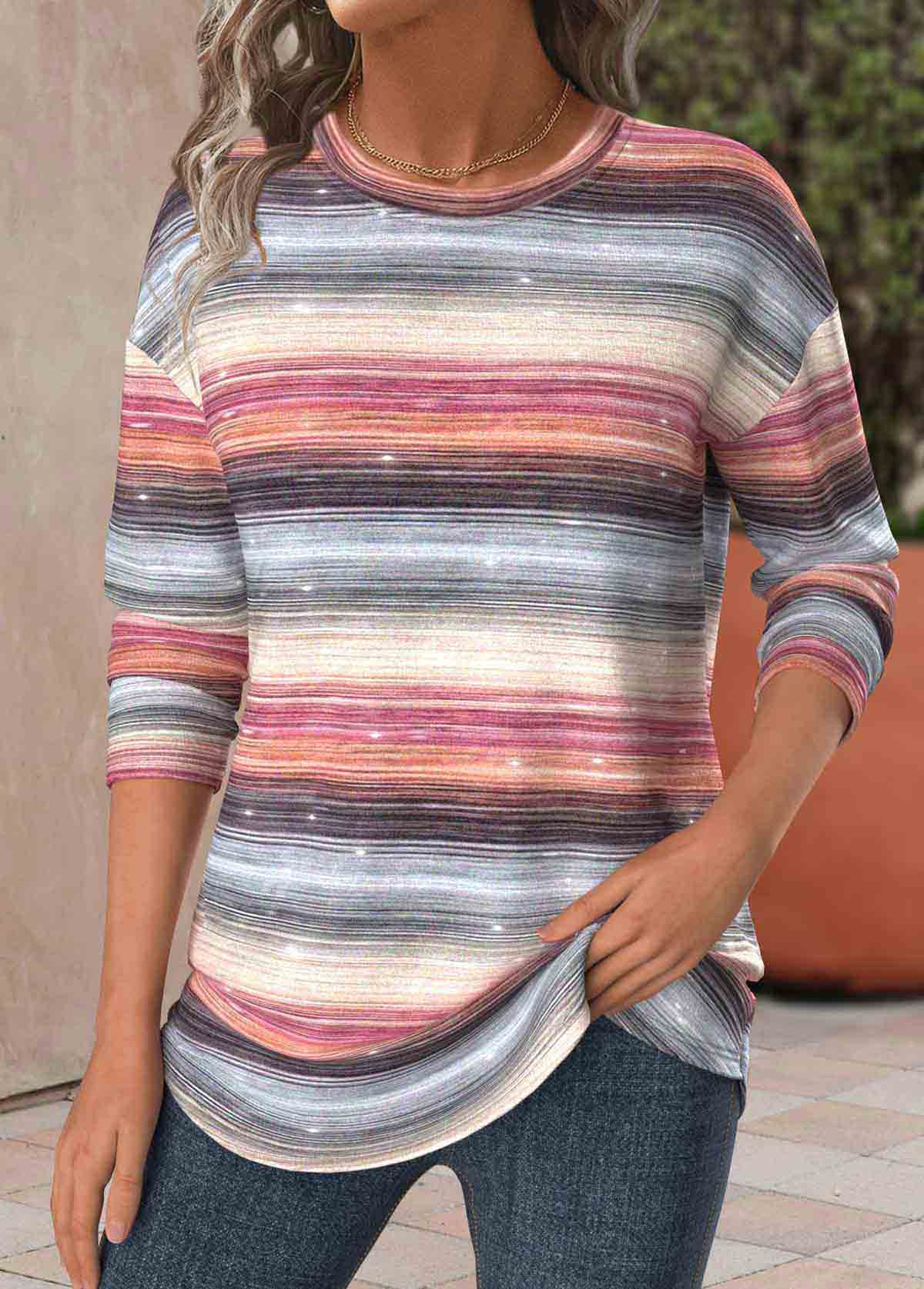 ROTITA Plus Size Multi Color Striped Round Neck T Shirt