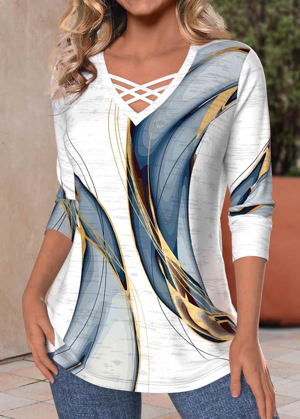 White plus size,Dusty Blue plus size,Geometric plus size,Striped plus size,ROTITA Plus Size Criss Cross White Geometric Print T Shirt