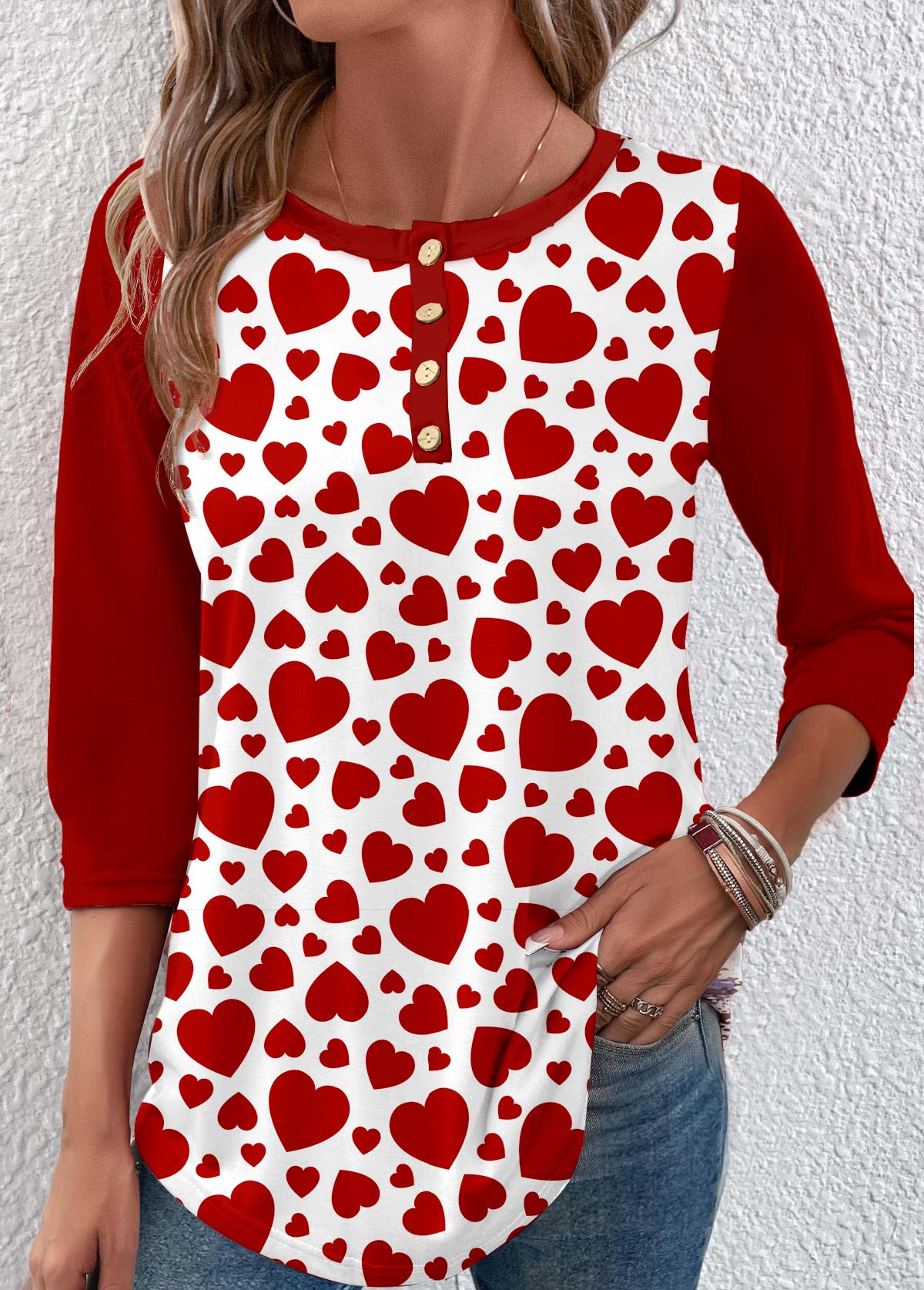 ROTITA Button Heart Print Wine Red T Shirt