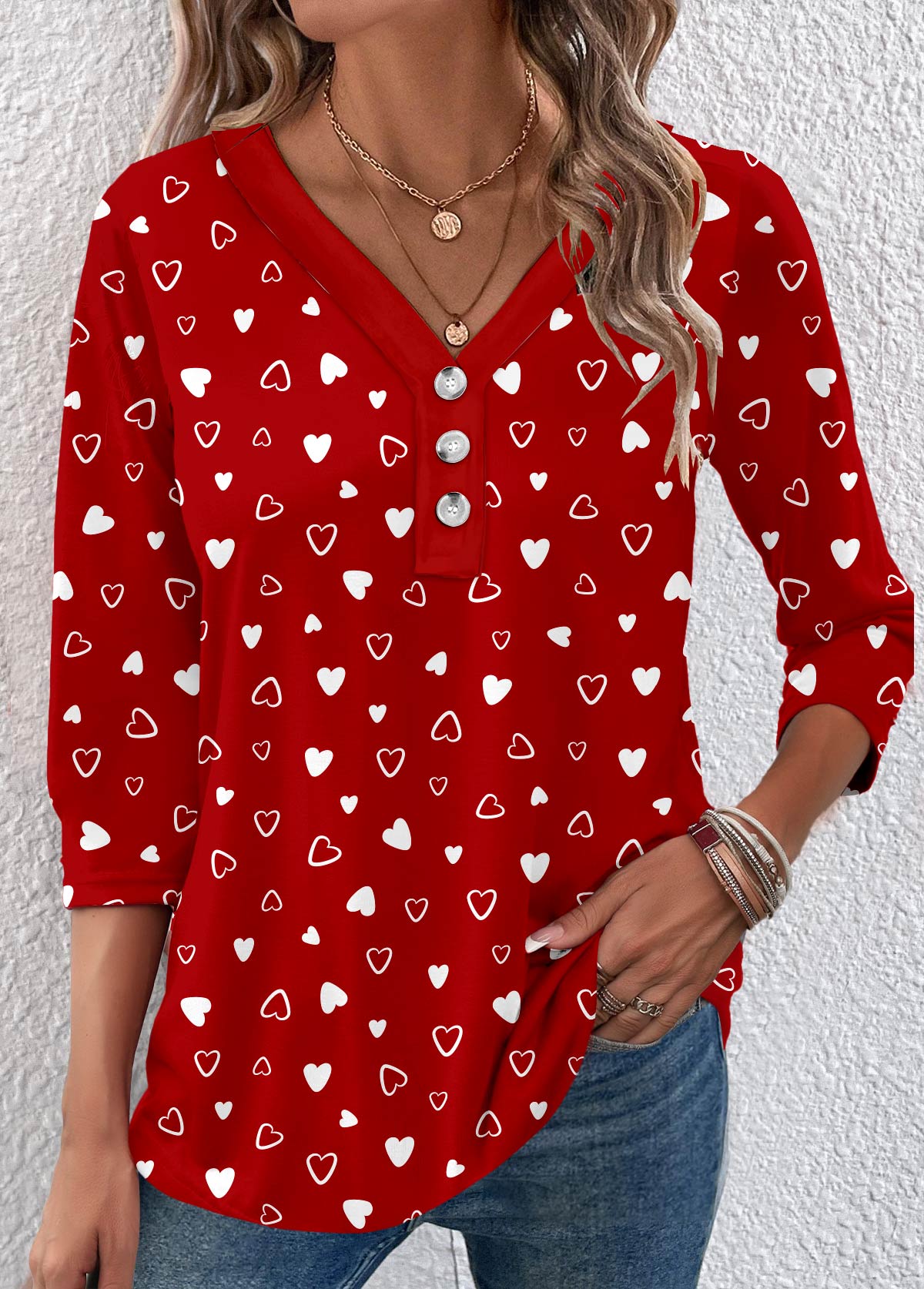 ROTITA Valentine's Day Button Heart Print Red T Shirt