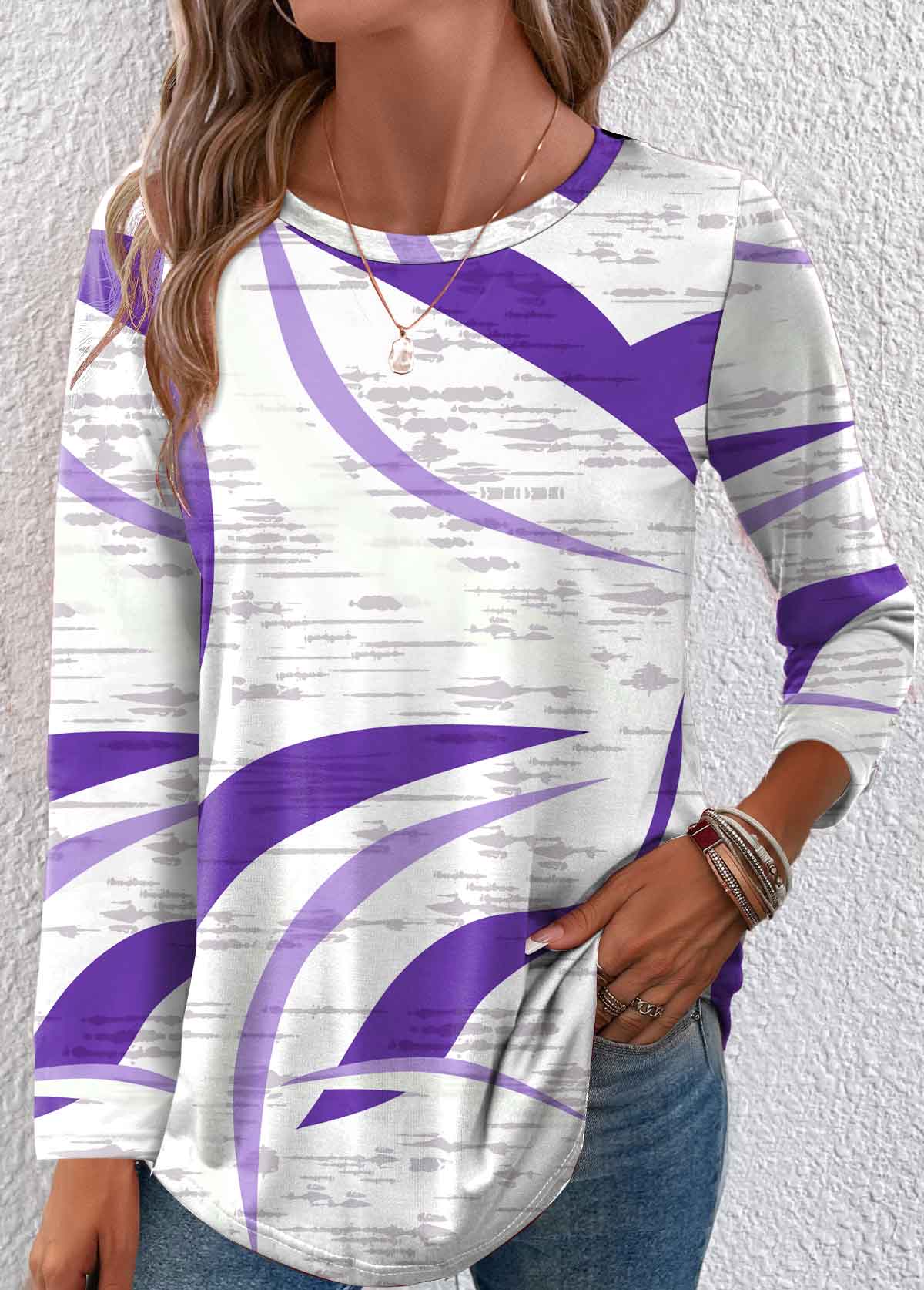 Purple tops,White tops,Geometric tops,ROTITA Lightweight Geometric Print Purple Round Neck T Shirt
