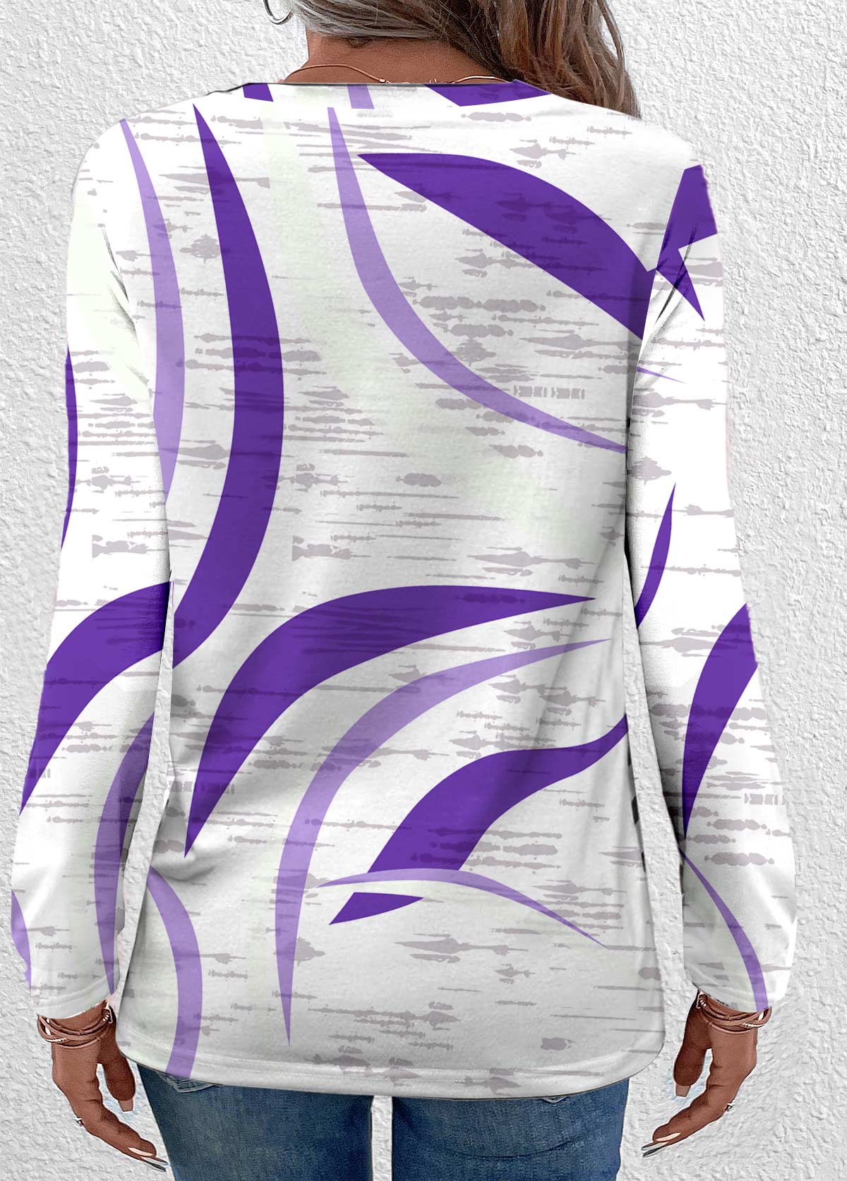 Purple tops,White tops,Geometric tops,ROTITA Lightweight Geometric Print Purple Round Neck T Shirt