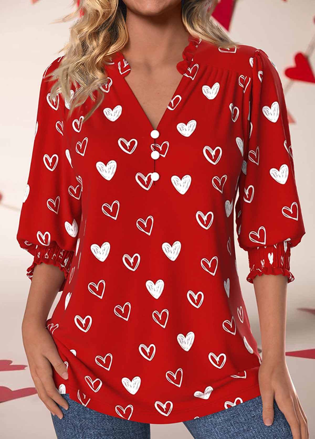 ROTITA Valentine's Day Smocked Red Split Neck 3/4 Sleeve Blouse