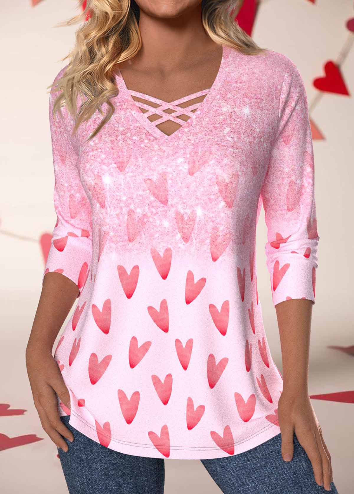 ROTITA Valentine's Day Criss Cross Light Pink T Shirt