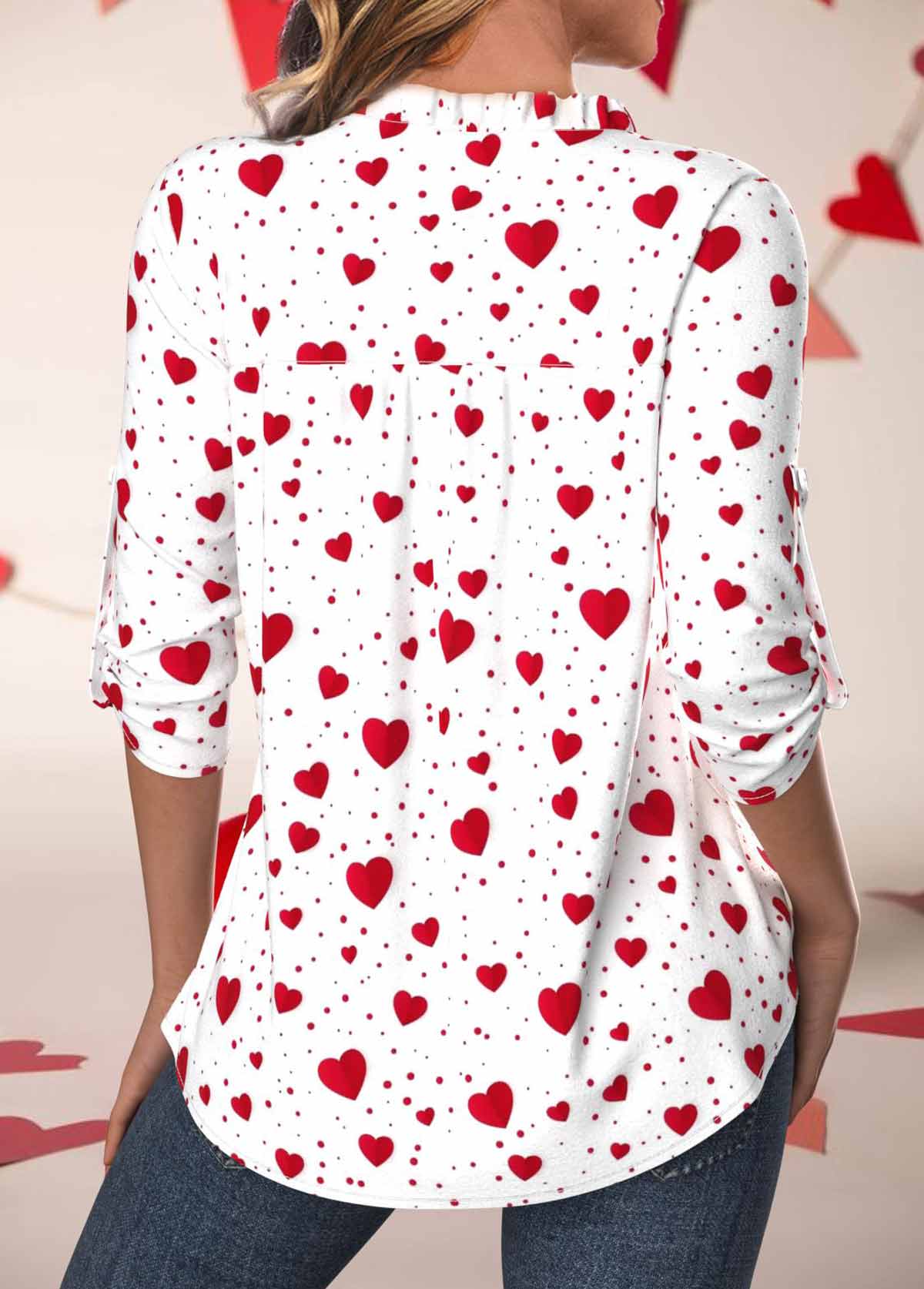 White tops,Red tops,Valentine's Day tops,Heart tops,ROTITA Button Valentine's Day Print White Split Neck Blouse