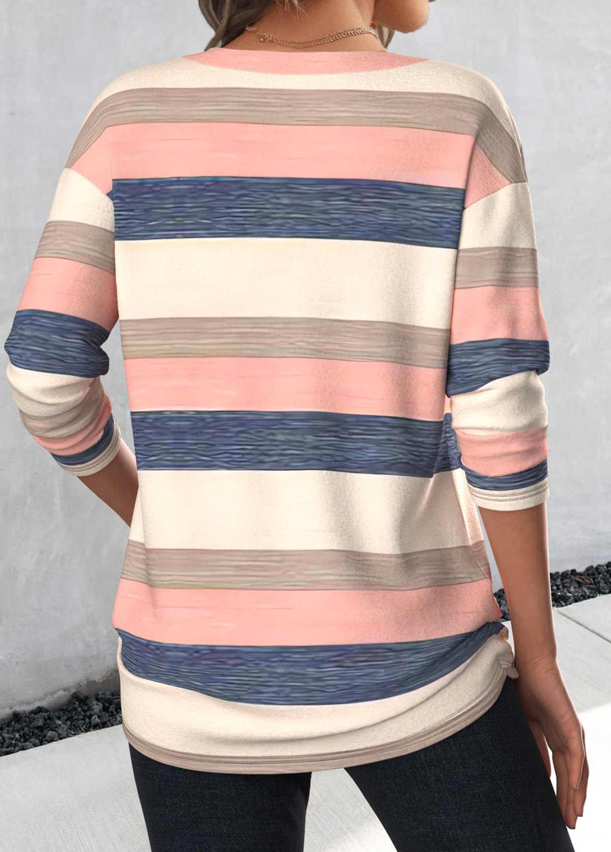 T-shirt col V rose clair à rayures boutonnées Rotita