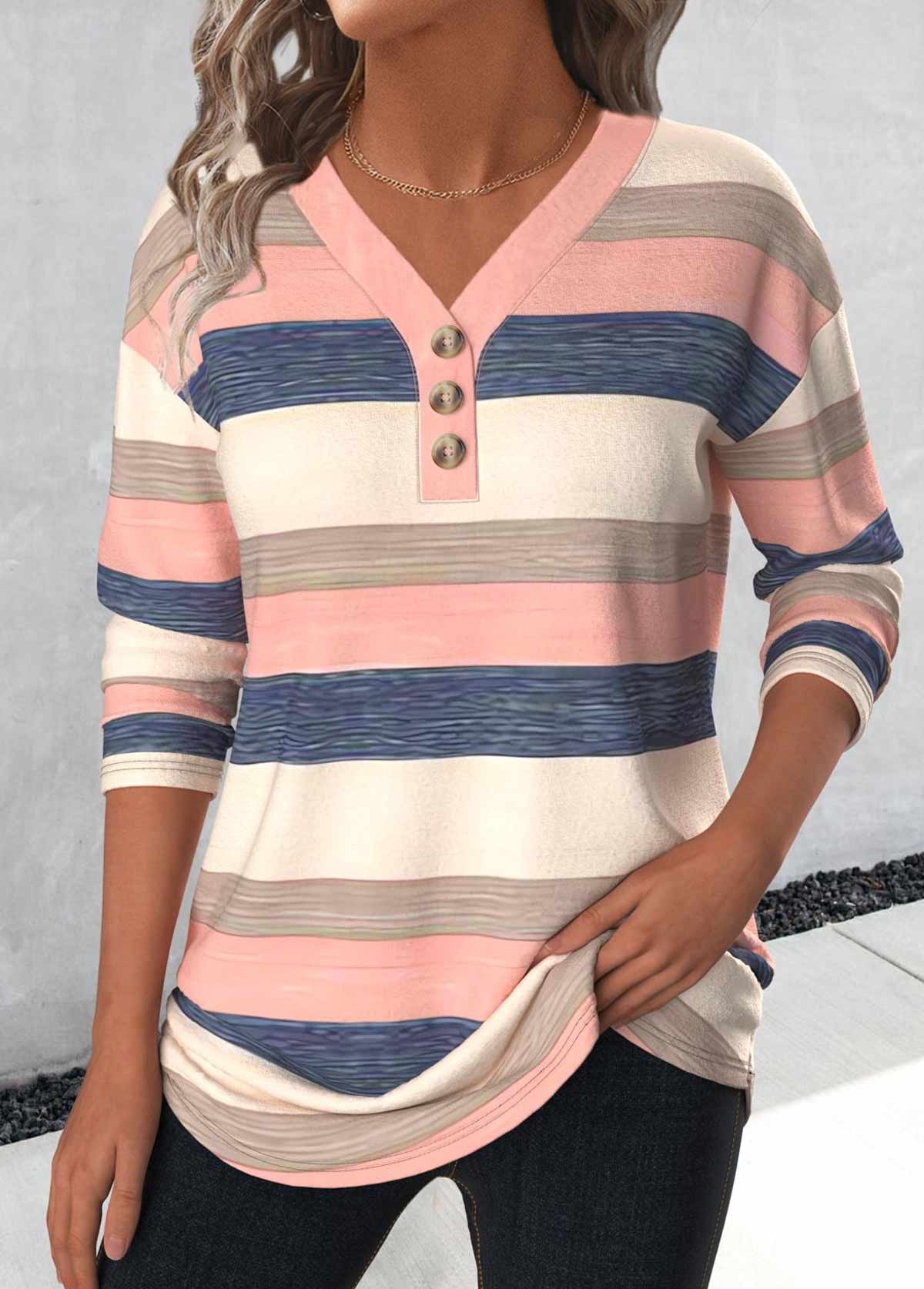 T-shirt col V rose clair à rayures boutonnées Rotita
