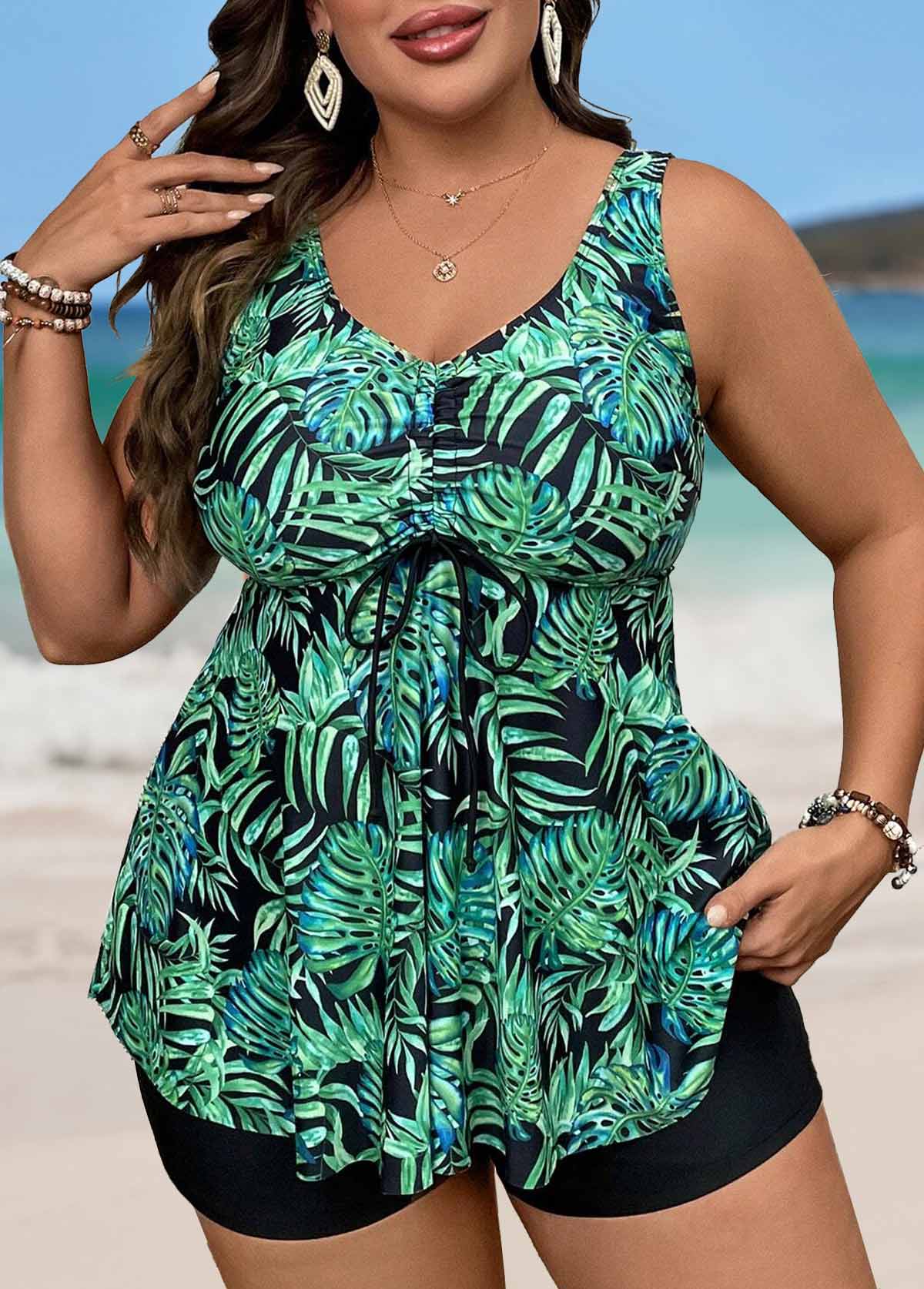 Green plus size,Plants plus size,ROTITA Plus Size Drawstring Leaf Print Green Tankini Set