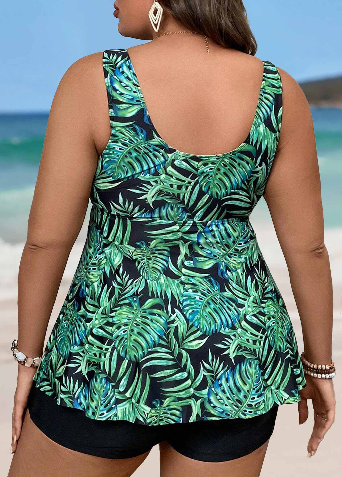 Green plus size,Plants plus size,ROTITA Plus Size Drawstring Leaf Print Green Tankini Set