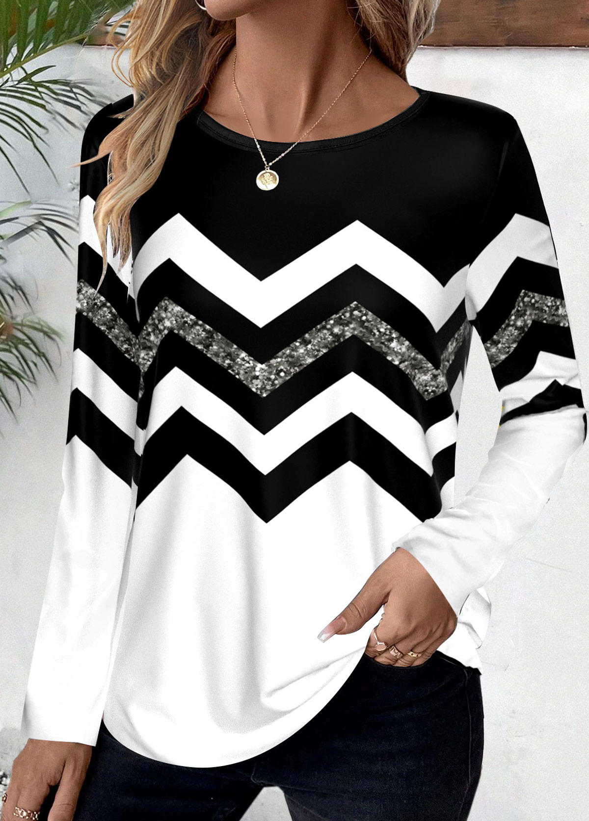Black tops,White tops,Striped tops,Geometric tops,Chevron tops,ROTITA Patchwork Striped Black Round Neck Long Sleeve T Shirt