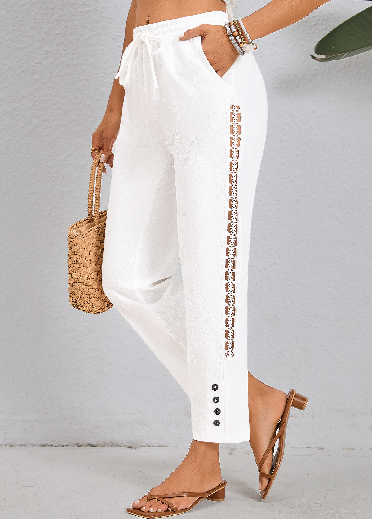 Button White Drawastring High Waisted Pants