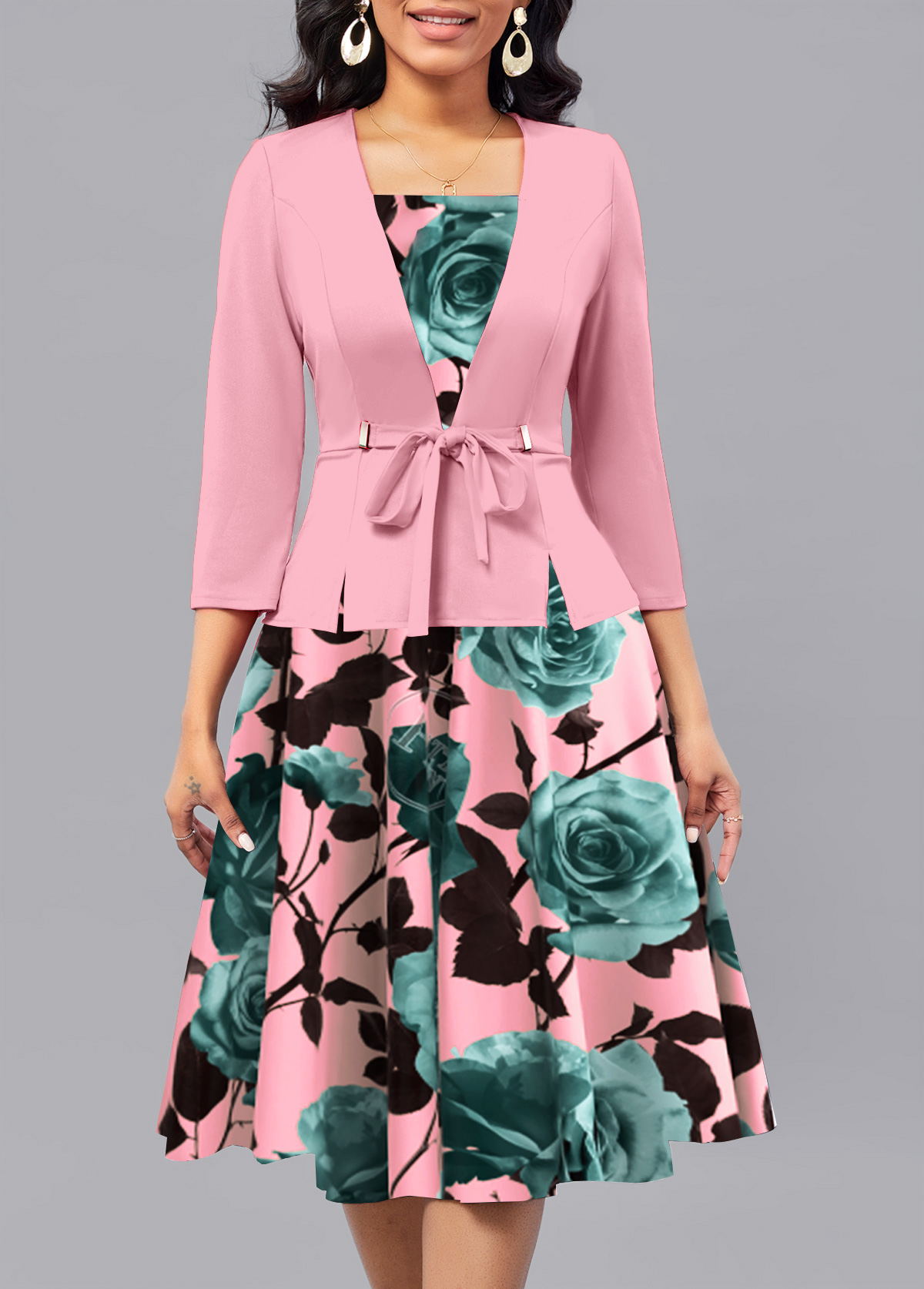 ROTITA Patchwork Floral Print Pink Square Neck 3/4 Sleeve Dress