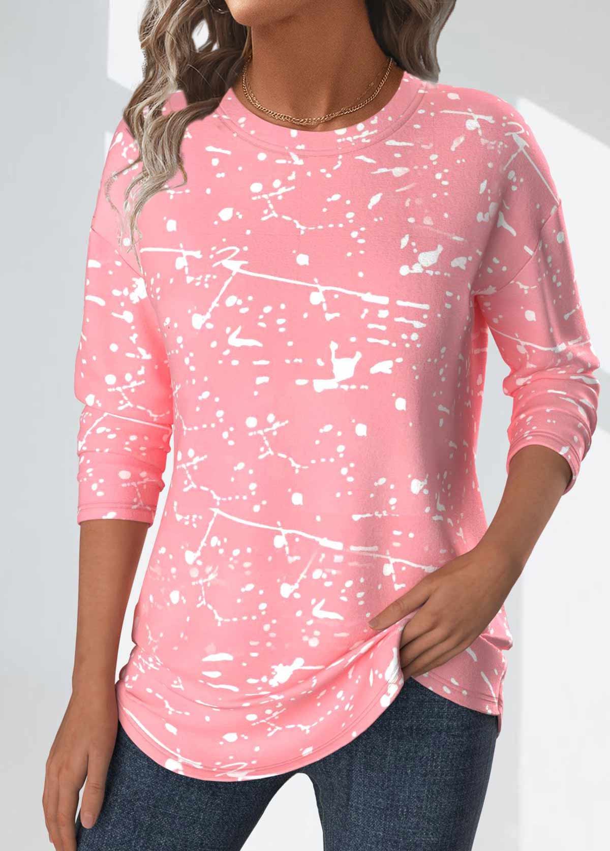 ROTITA Geometric Print Light Pink Round Neck T Shirt