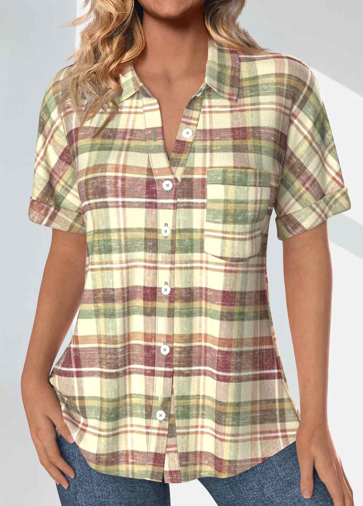 ROTITA Pocket Plaid Multi Color Shirt Collar Short Sleeve Blouse