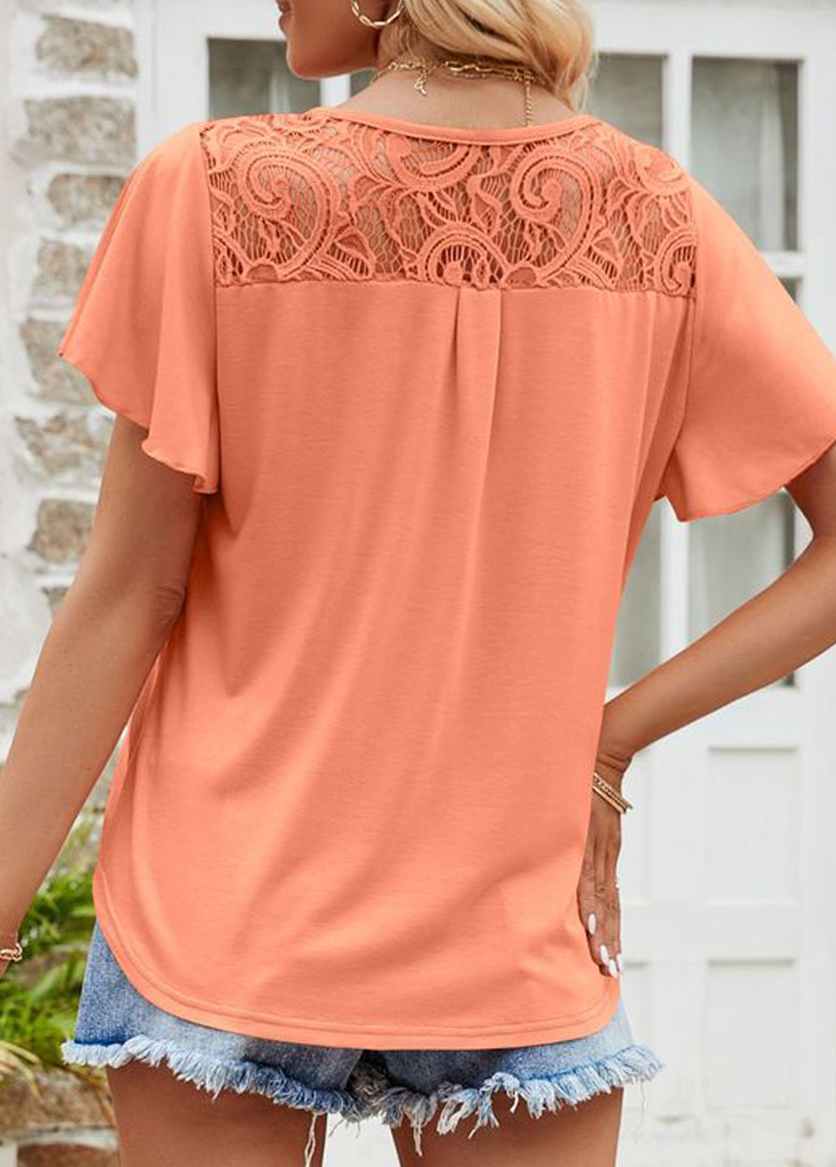 Patchwork Orange Round Neck Short Sleeve T Shirt