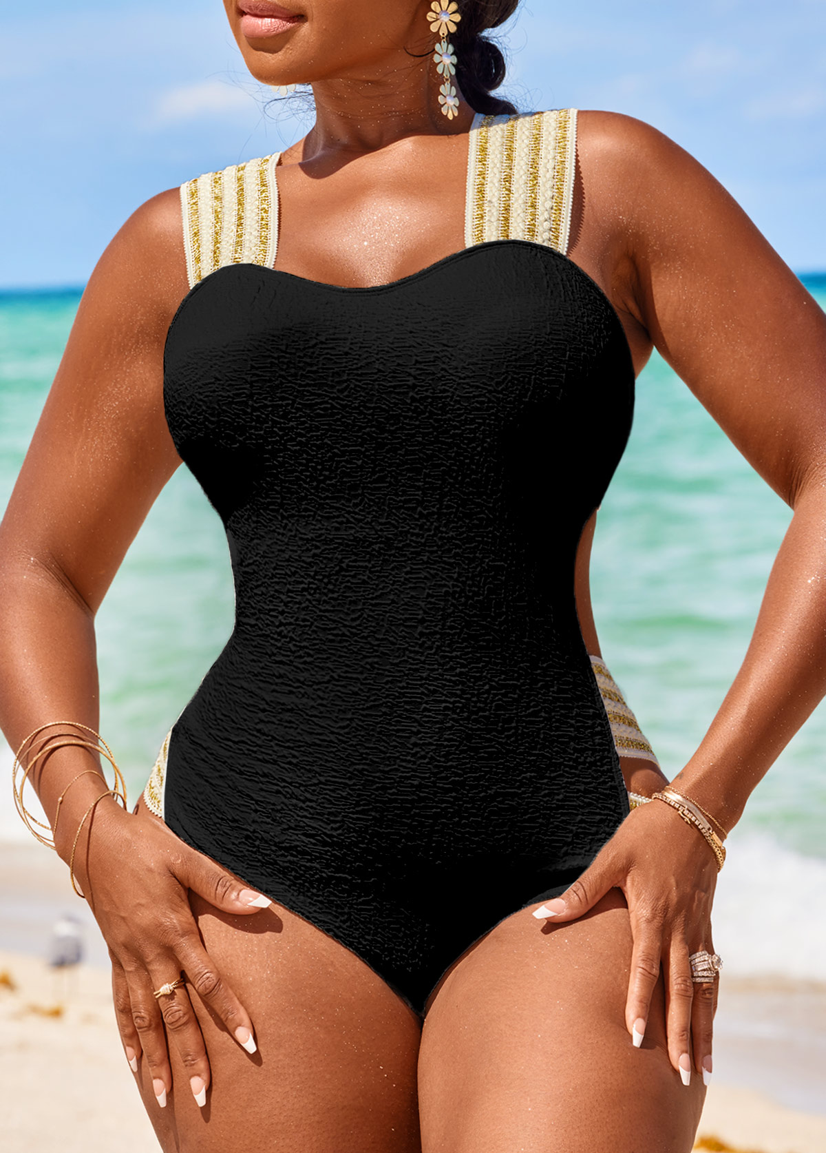 ROTITA Cut Out Wide Strap Black One Piece Swimwear